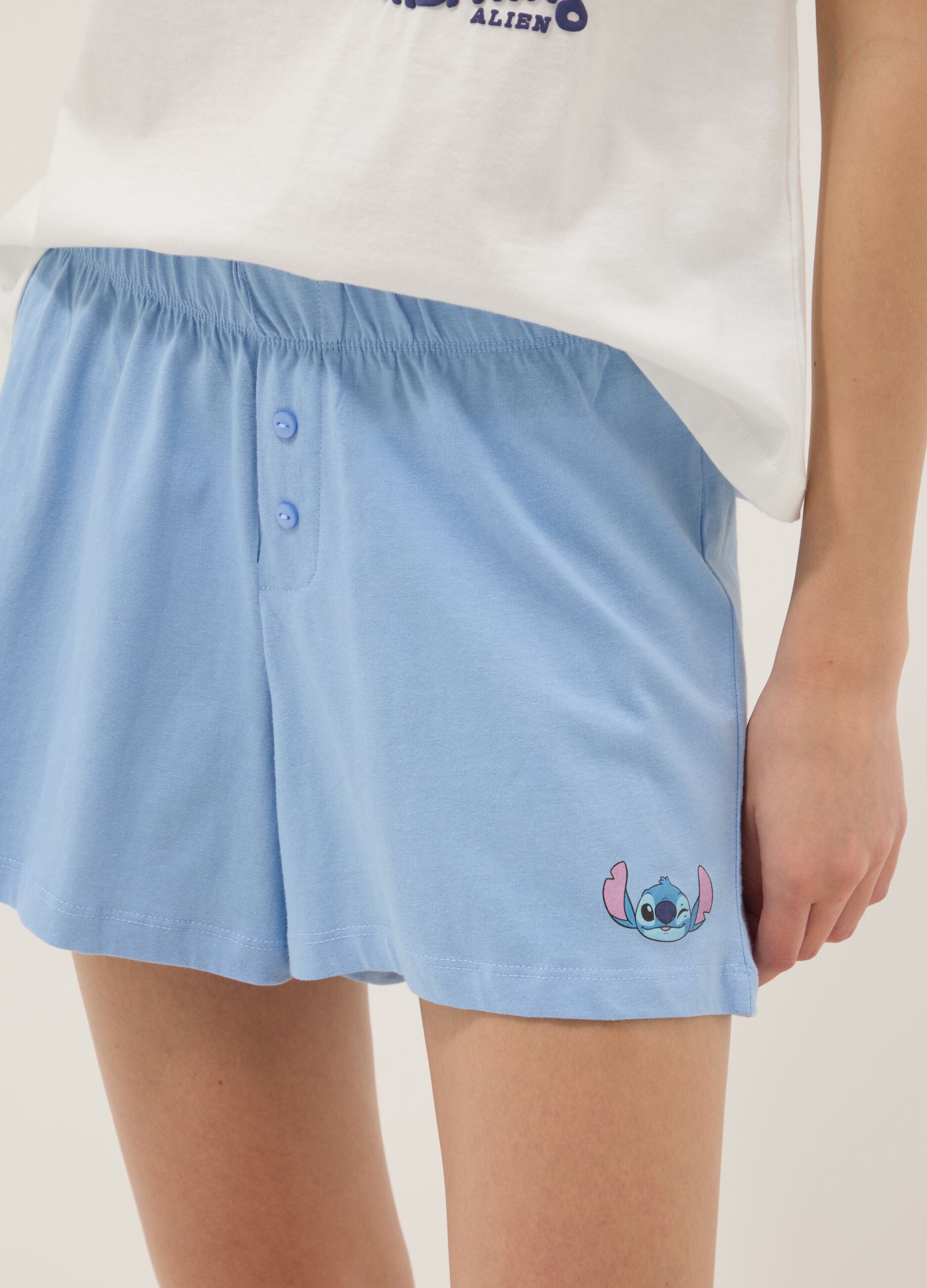 Pigiama corto bianco e azzurro in puro cotone con stampa Stitch