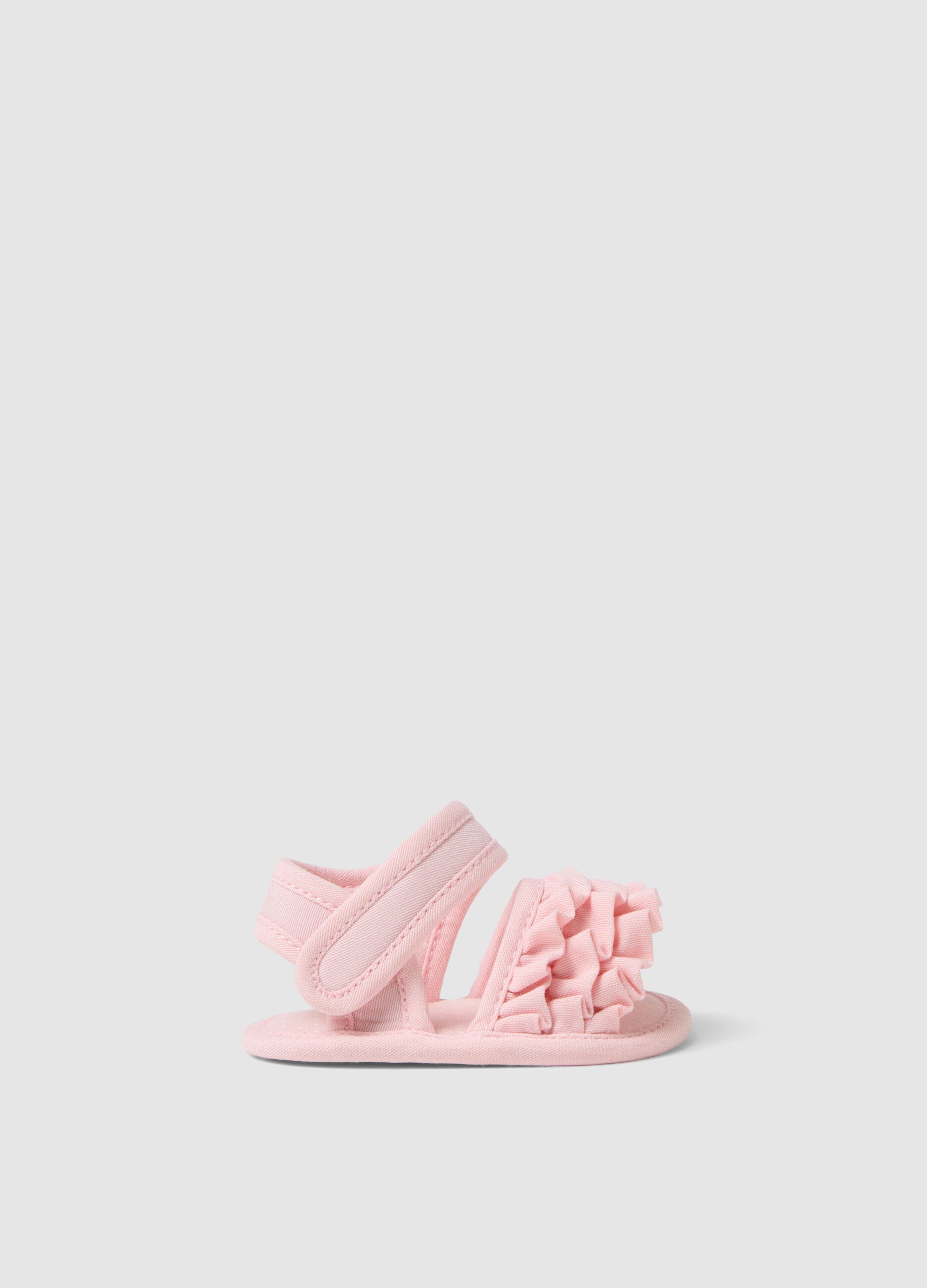 Pink pure cotton baby sandals with velcro and ruffles