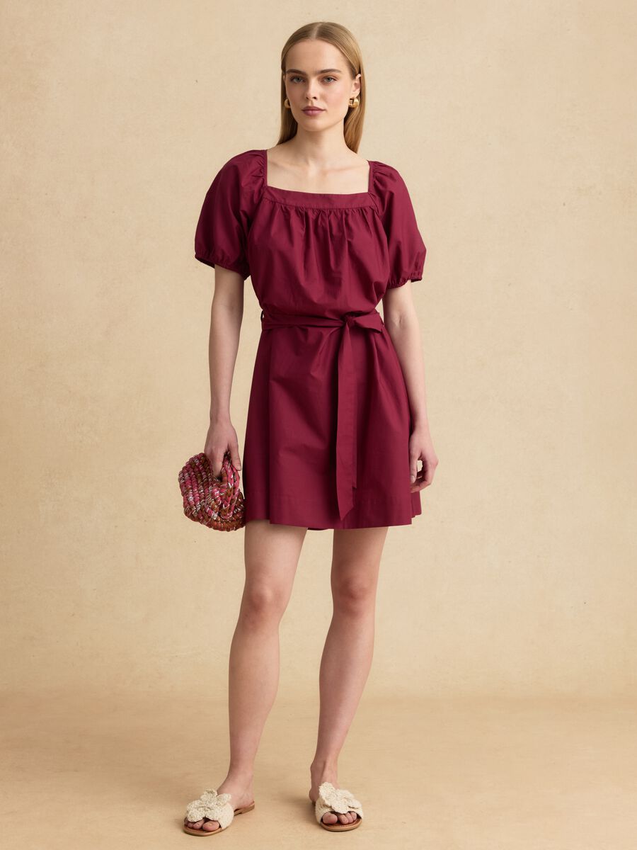 Abito midi rosso in puro cotone con cintura_0