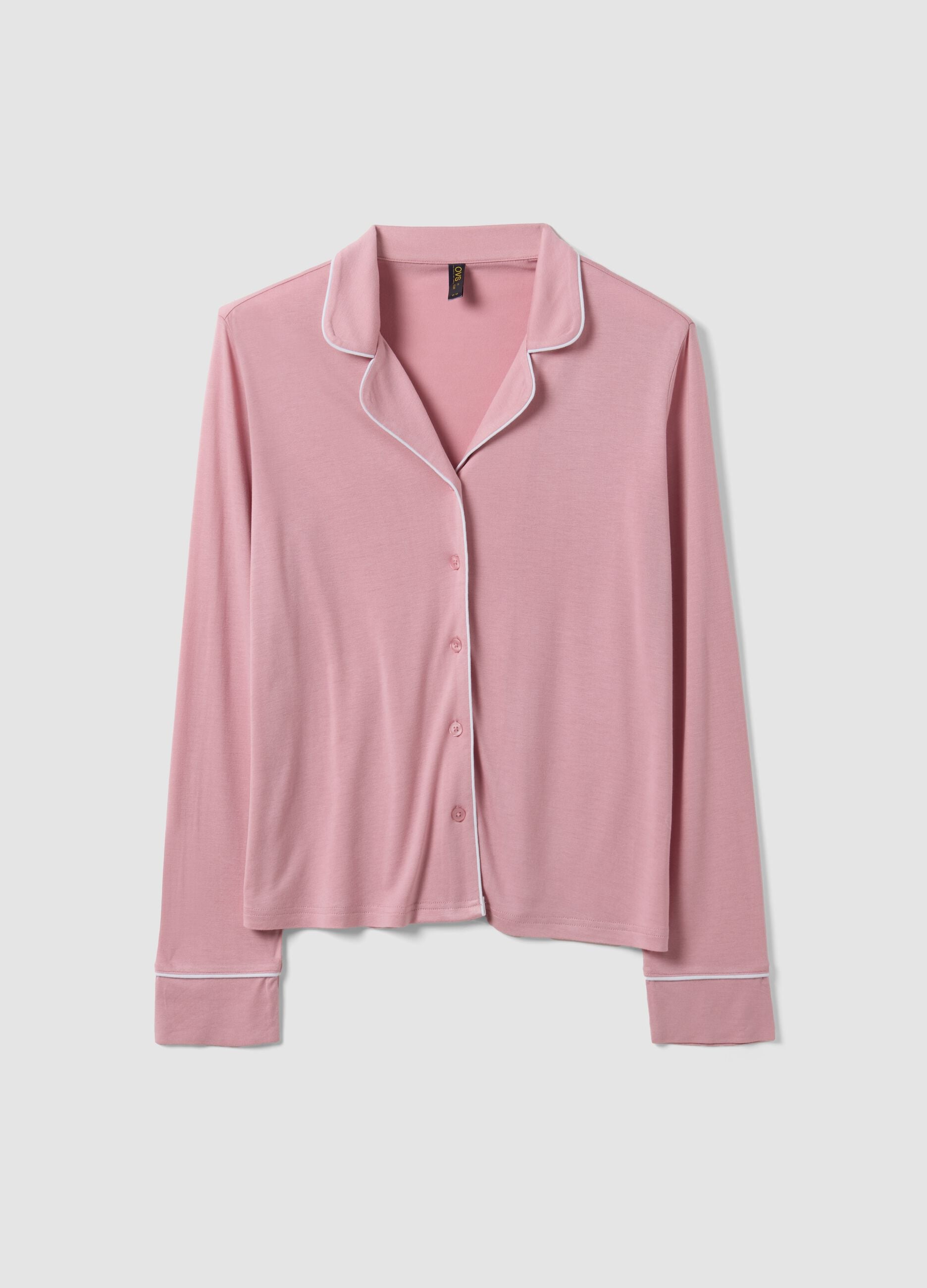 Pink pure viscose pyjamas with V-neck and contrast piping