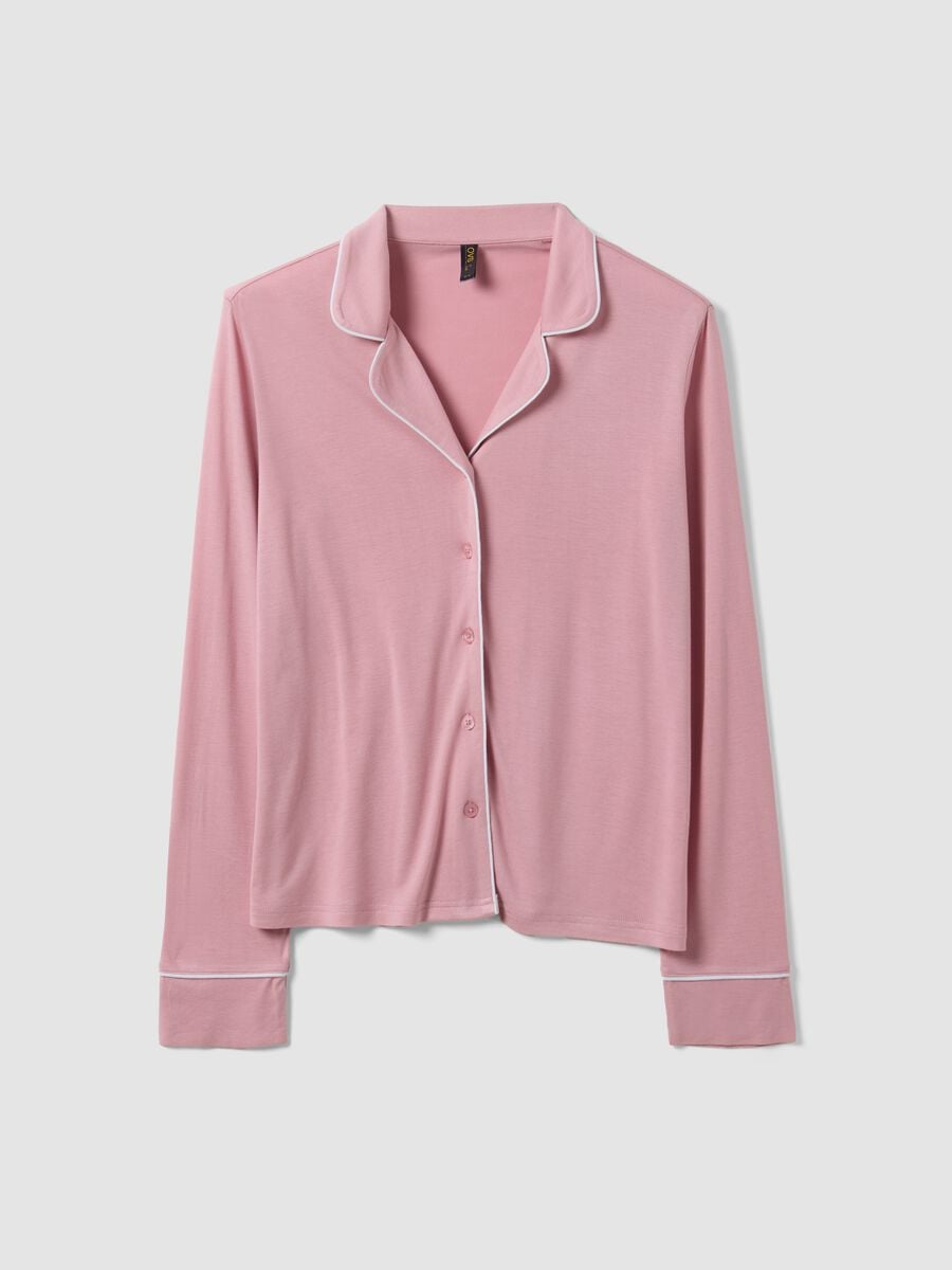 Pink pure viscose pyjamas with V-neck and contrast piping_4