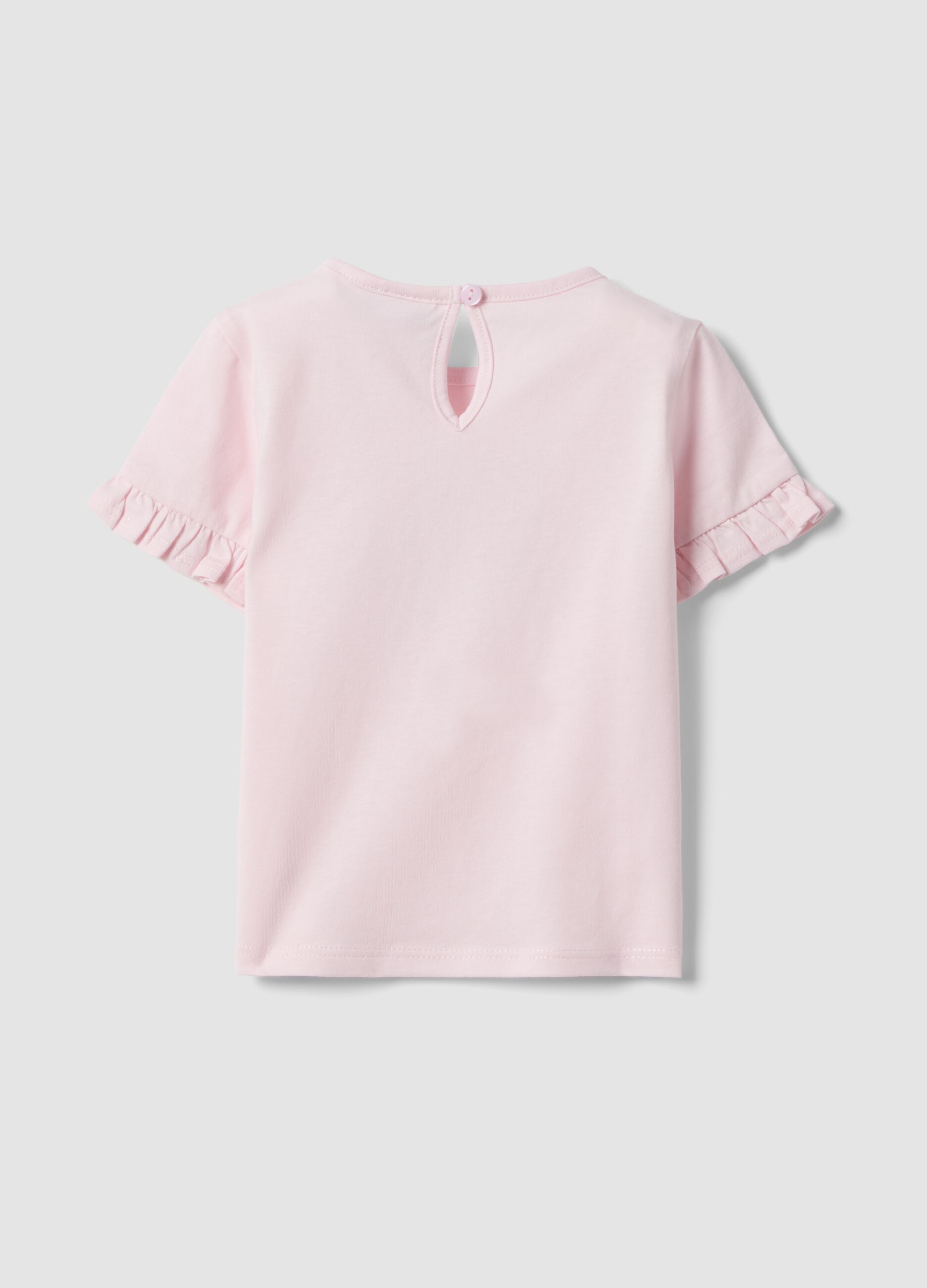 Pink pure organic cotton baby girls&rsquo; T-shirt with print and frill sleeves