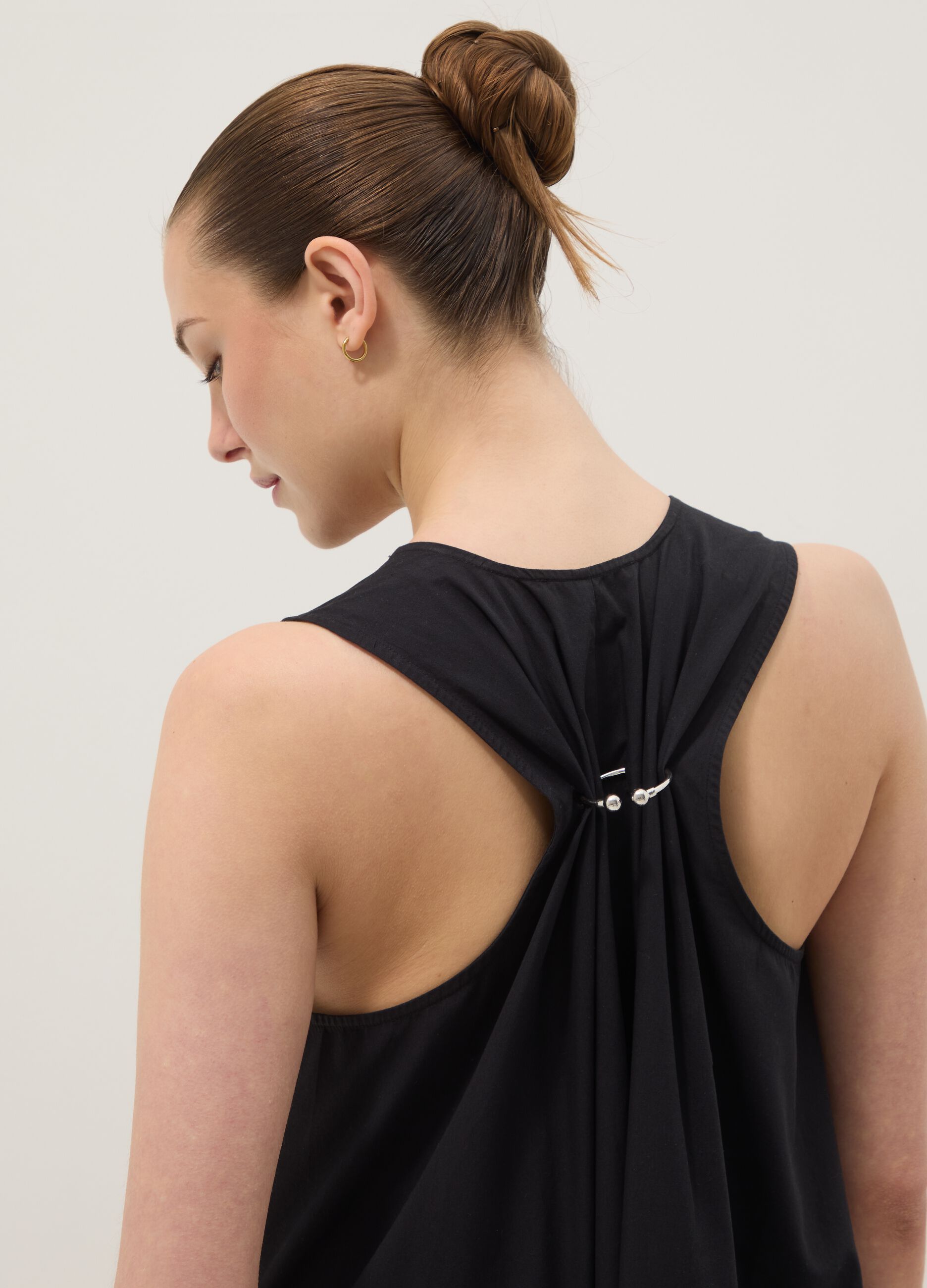 Black maxi dress in pure cotton with V-neck