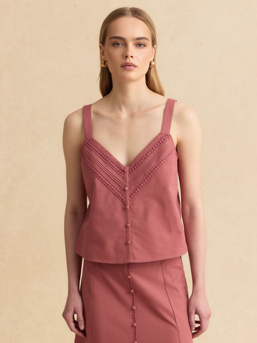 Pink regular fit cotton-linen blend top with lace details_1