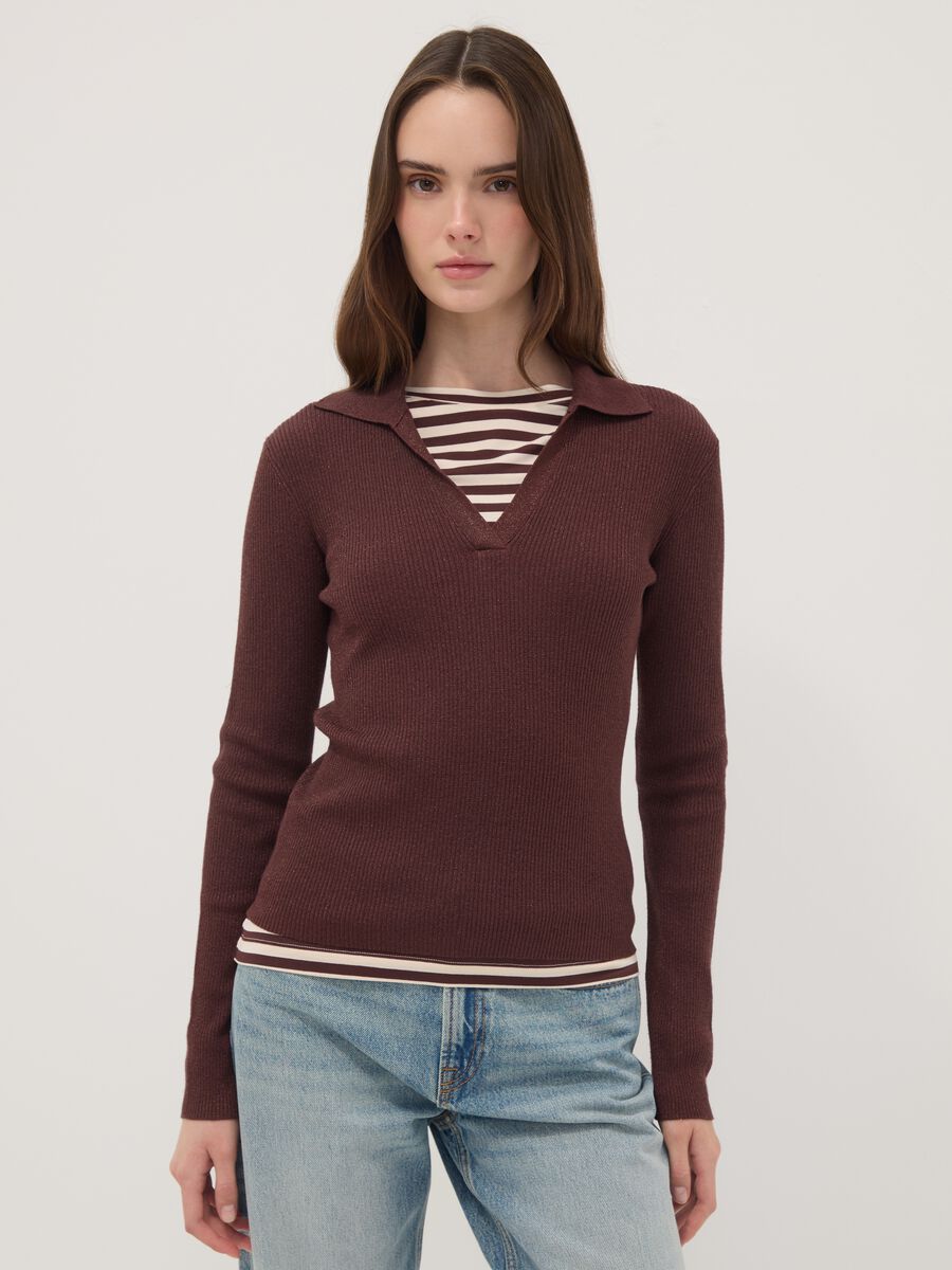 Brown ribbed viscose-blend polo-collar top_0