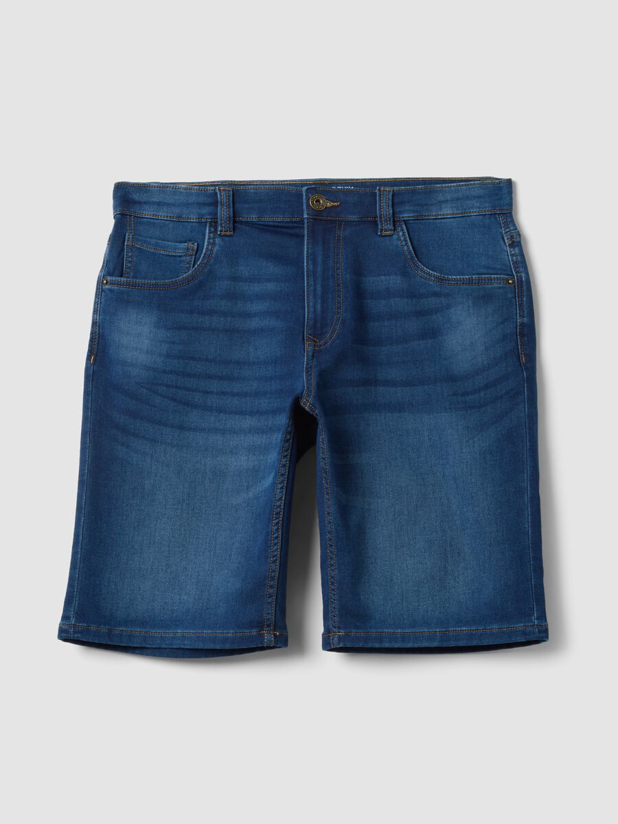 Blue Stretch Cotton Blend Denim Slim Fit Shorts_4