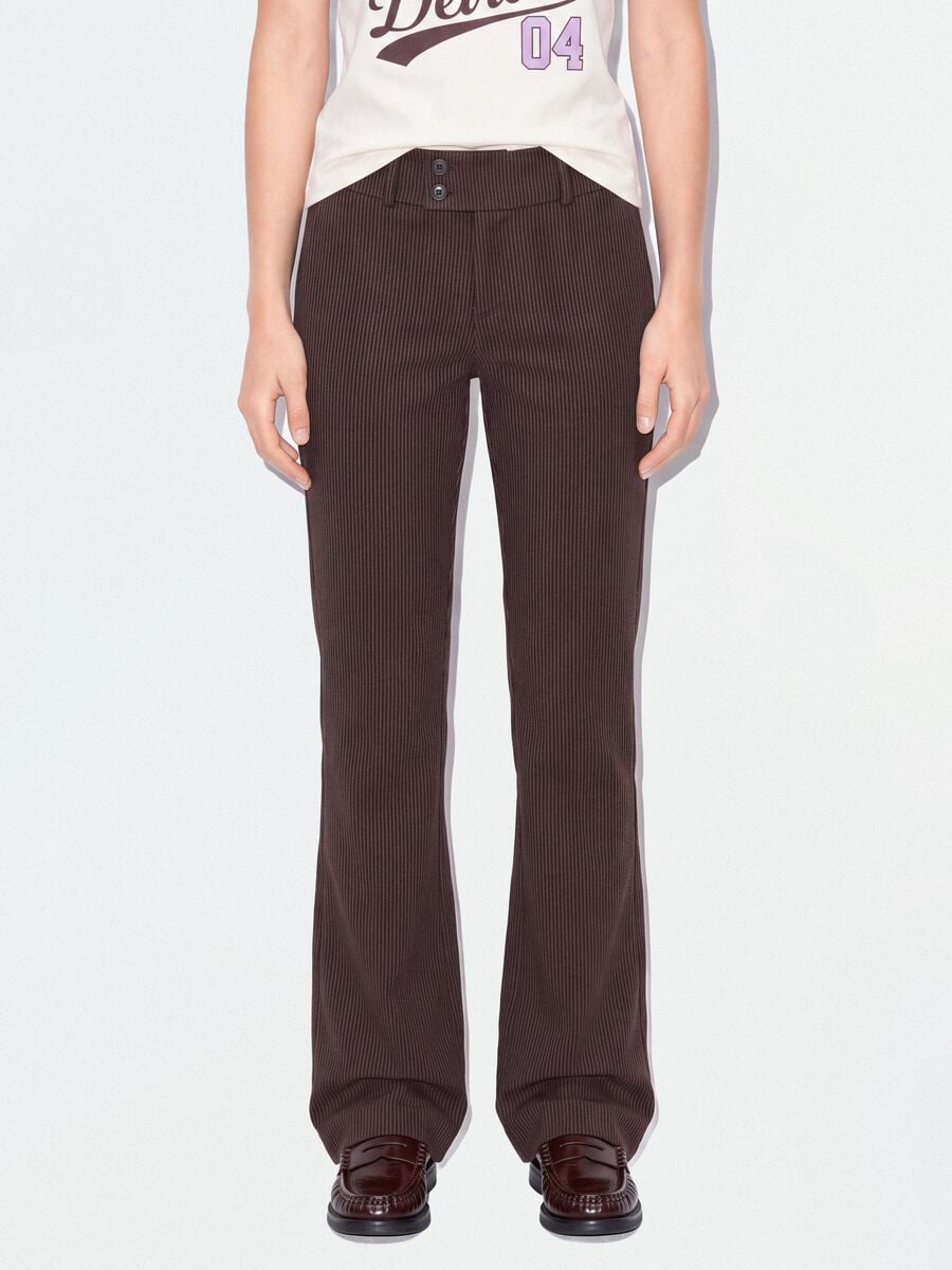 Brown flared trousers in stretch viscose with pinstripe pattern_1