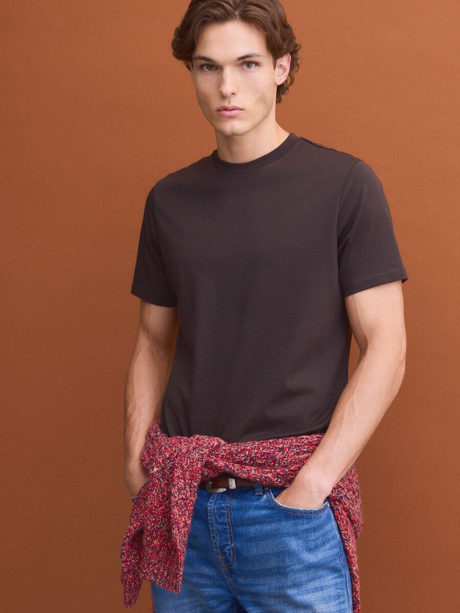 Brown crew-neck T-shirt in pure Supima cotton, regular fit_0