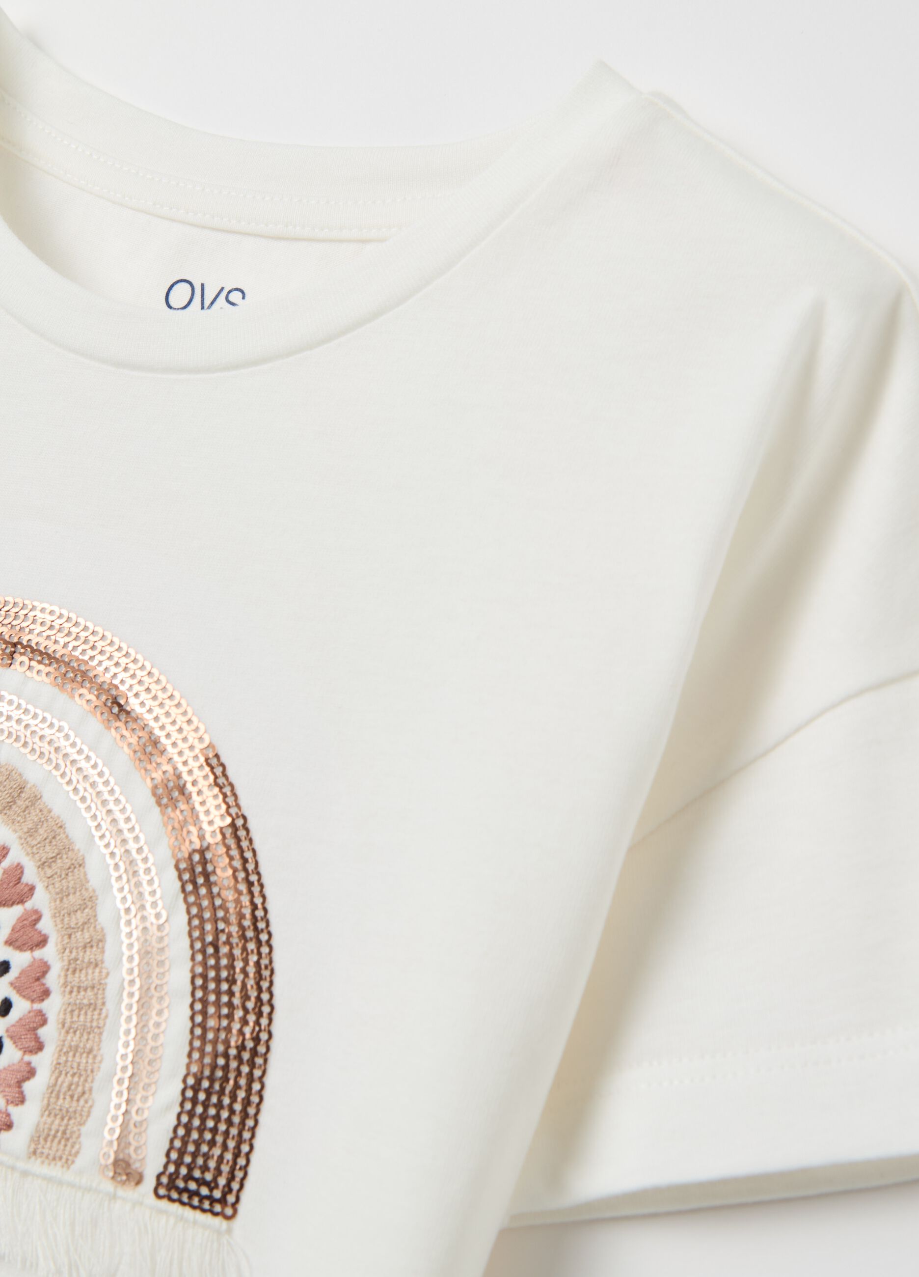 Cotton T-shirt with rainbow embroidery and sequins