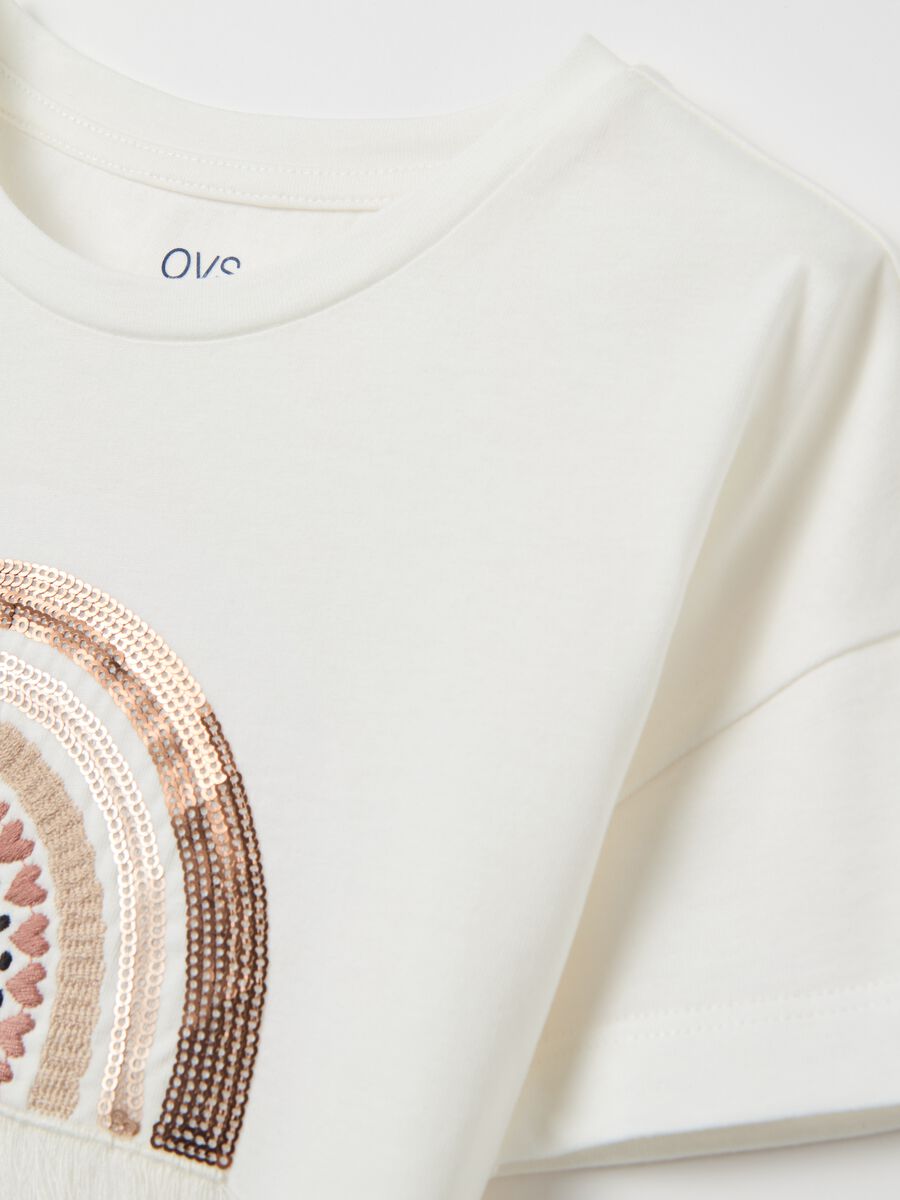 Cotton T-shirt with rainbow embroidery and sequins_3