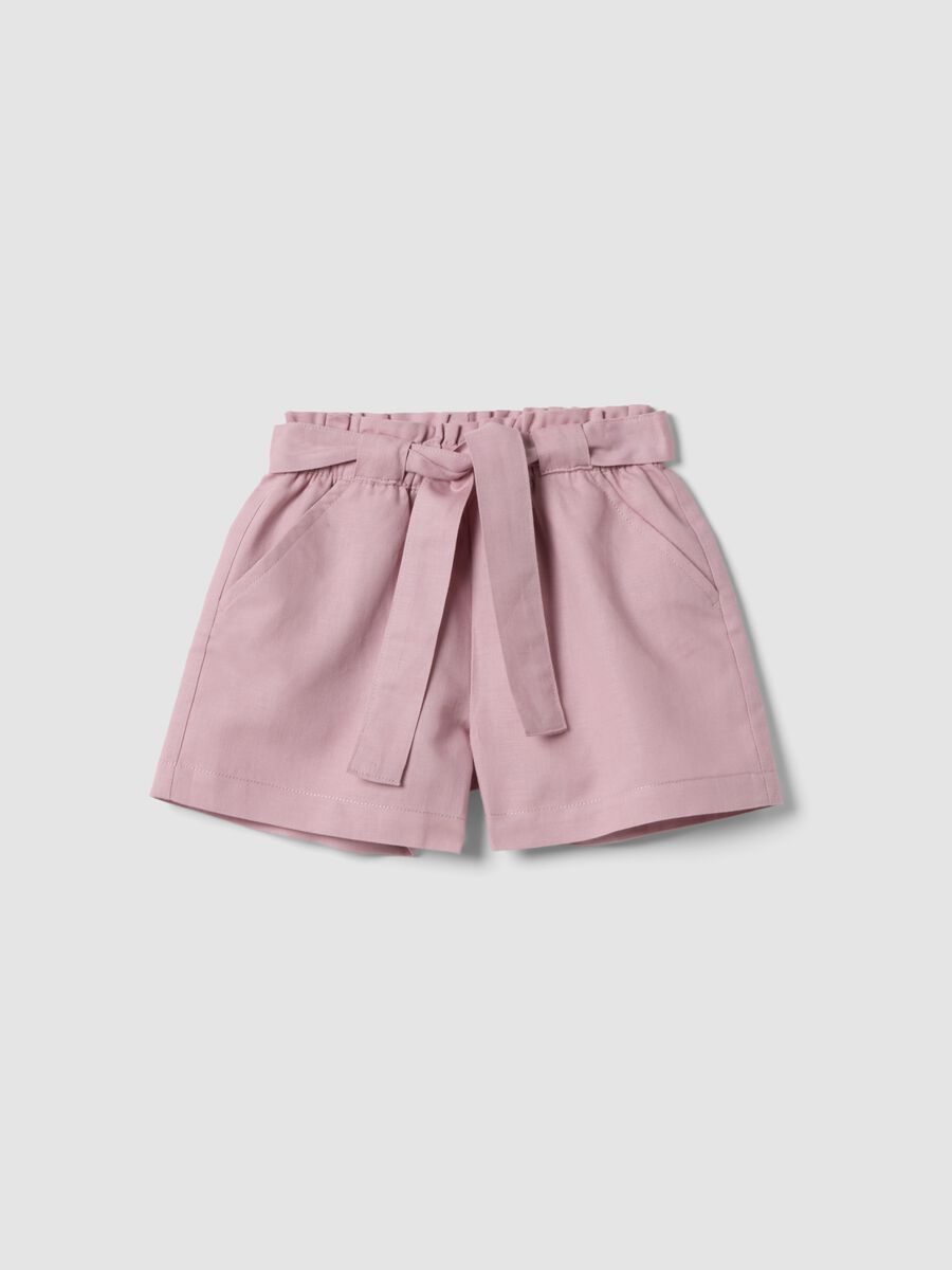 Pink linen and cotton blend shorts with belt for girls, regular fit_0