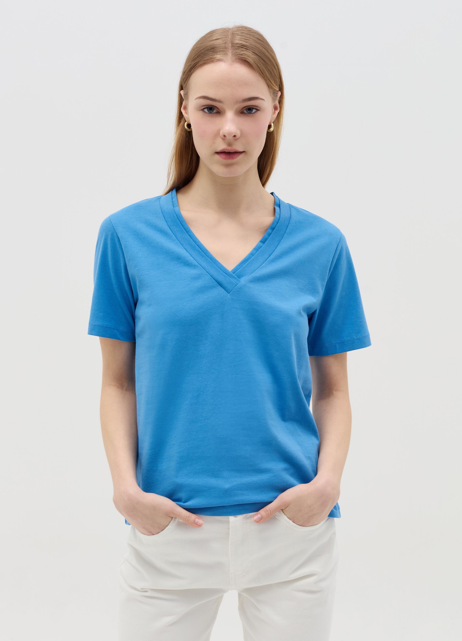 Light blue T-shirt with V neck