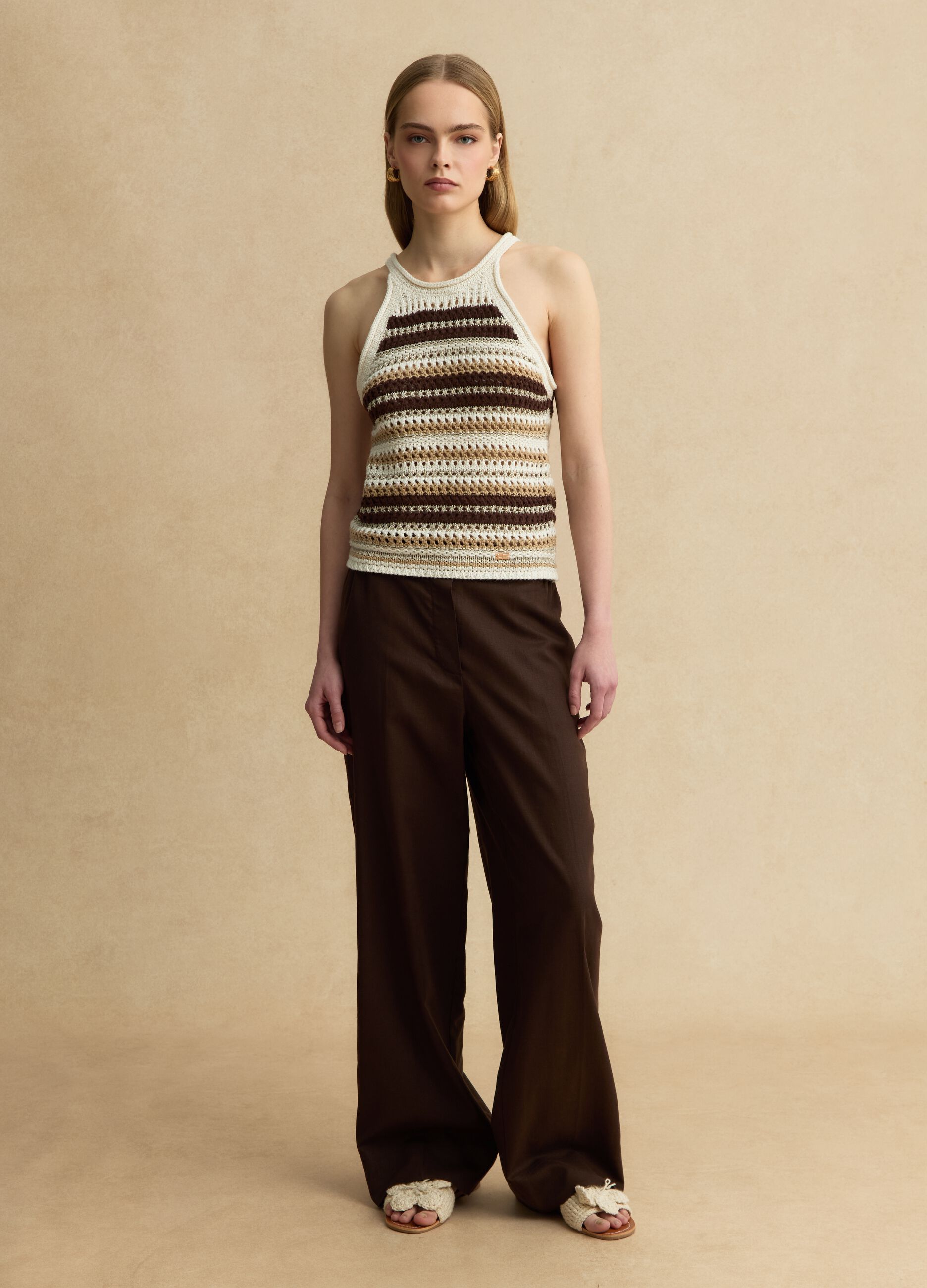 Multicolour striped fitted knitted cotton-blend top