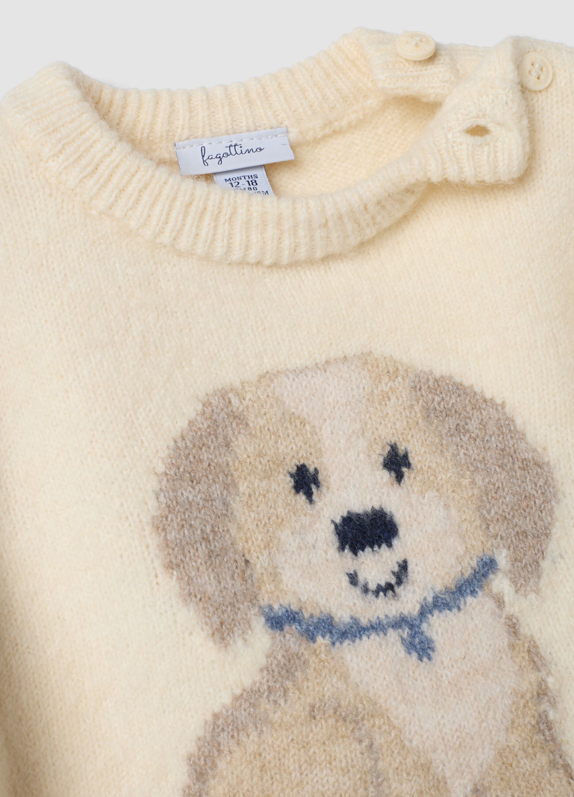 White crew-neck stretch jersey top with puppy print