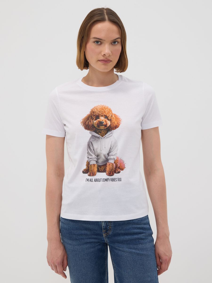White pure cotton jersey T-shirt with dog print, regular fit_1