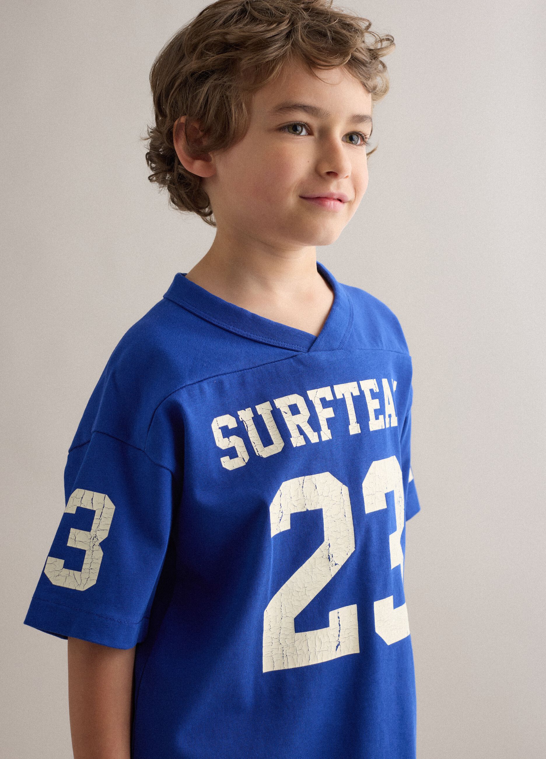 Children's oversized blue pure cotton T-shirt with prints