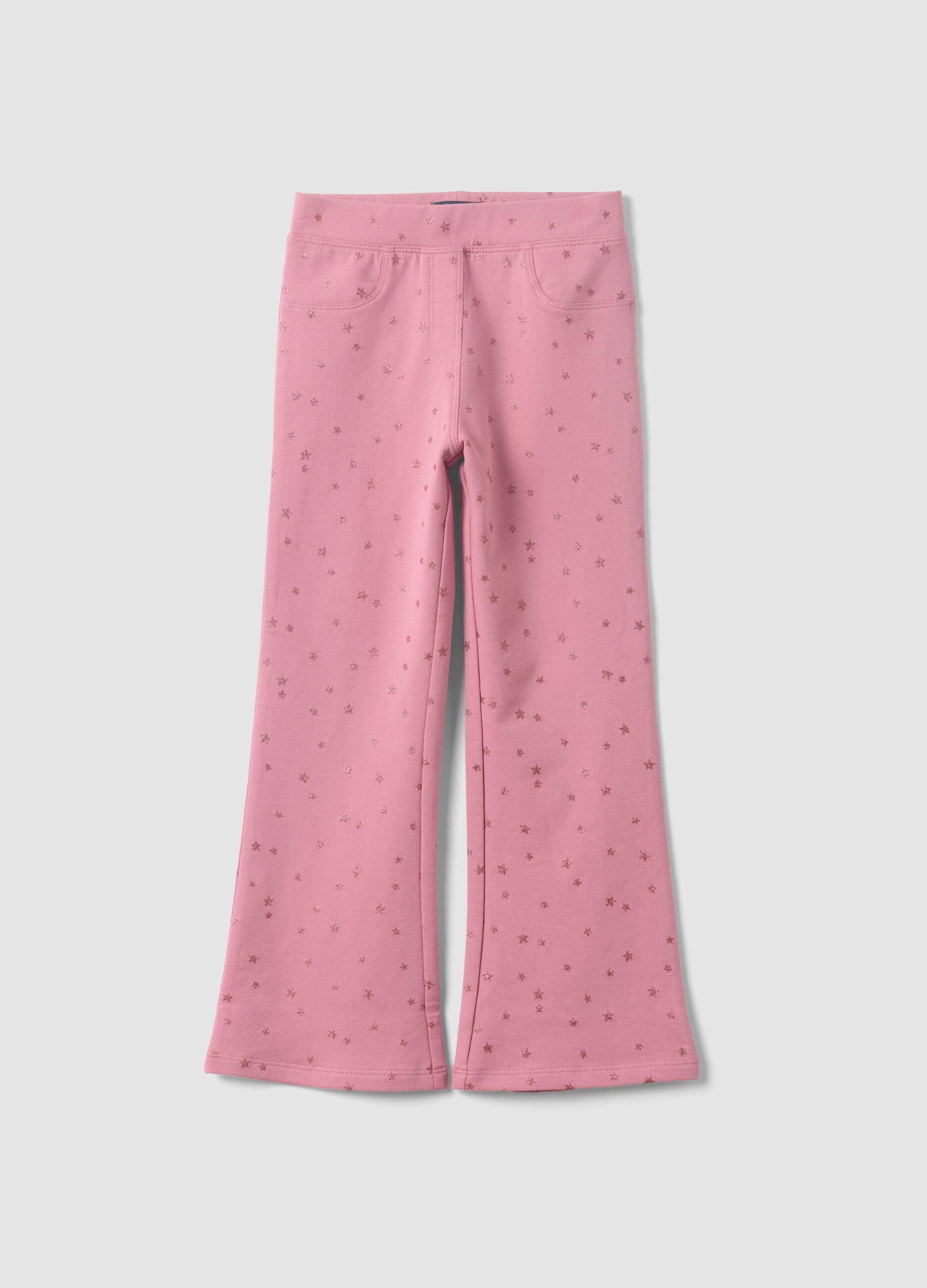 Pink flared stretch cotton trousers with star print for girls