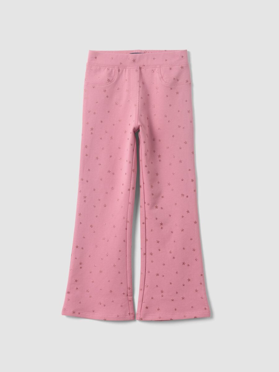 Pink flared stretch cotton trousers with star print for girls_0