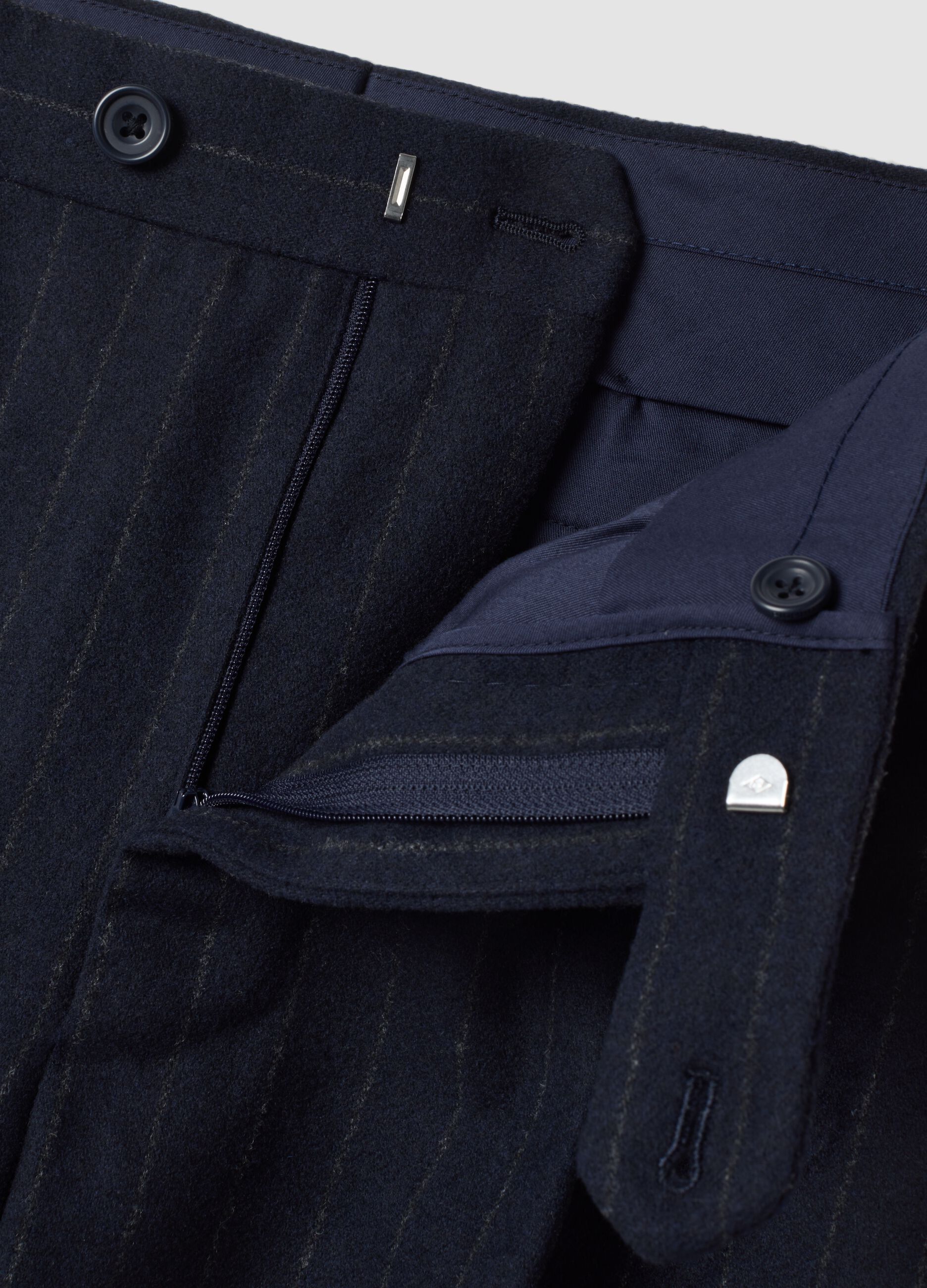 Navy blue pinstripe wool-blend regular-fit trousers