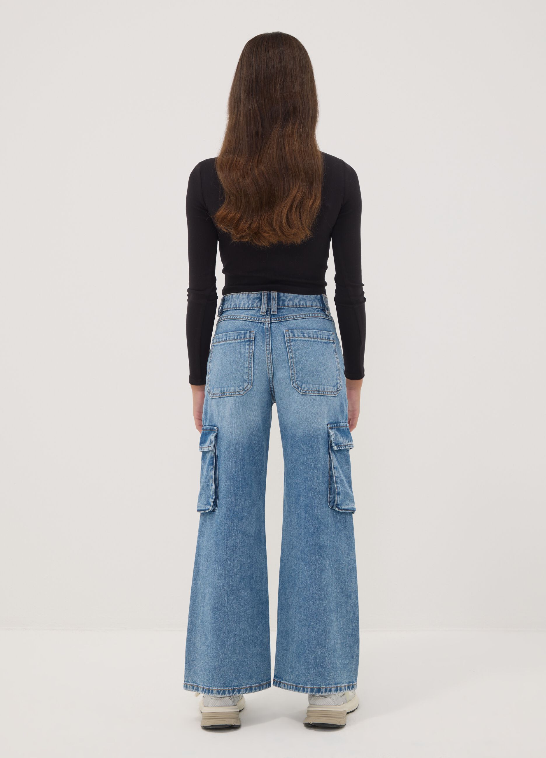 Light blue pure cotton denim cargo jeans, relaxed fit for girls