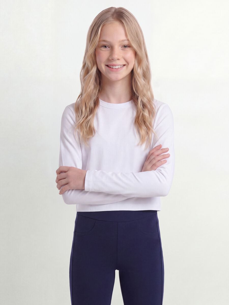 T-shirt bianca in puro cotone con collo a costine per ragazza_0