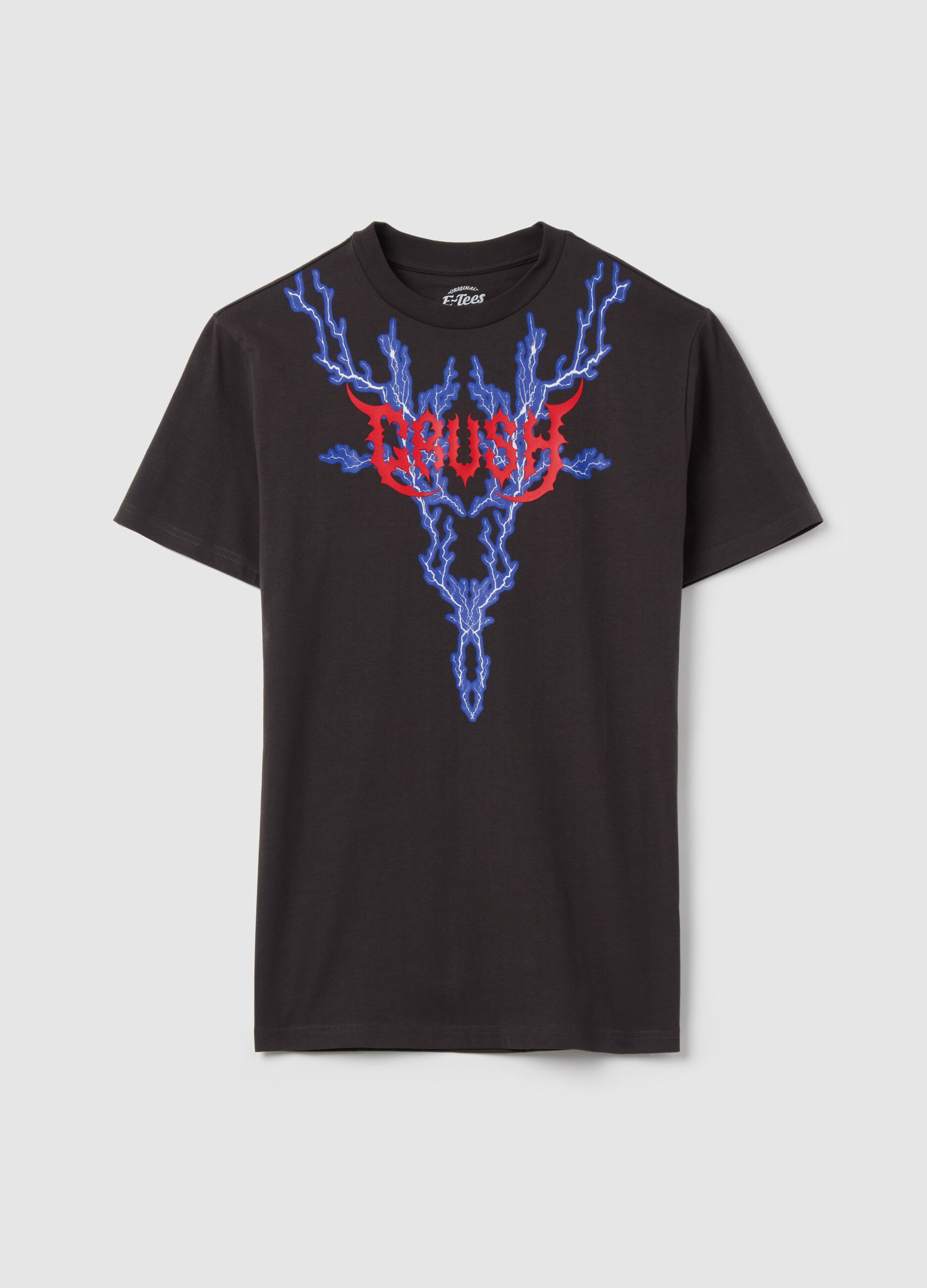 Black short-sleeved T-shirt with lightning print