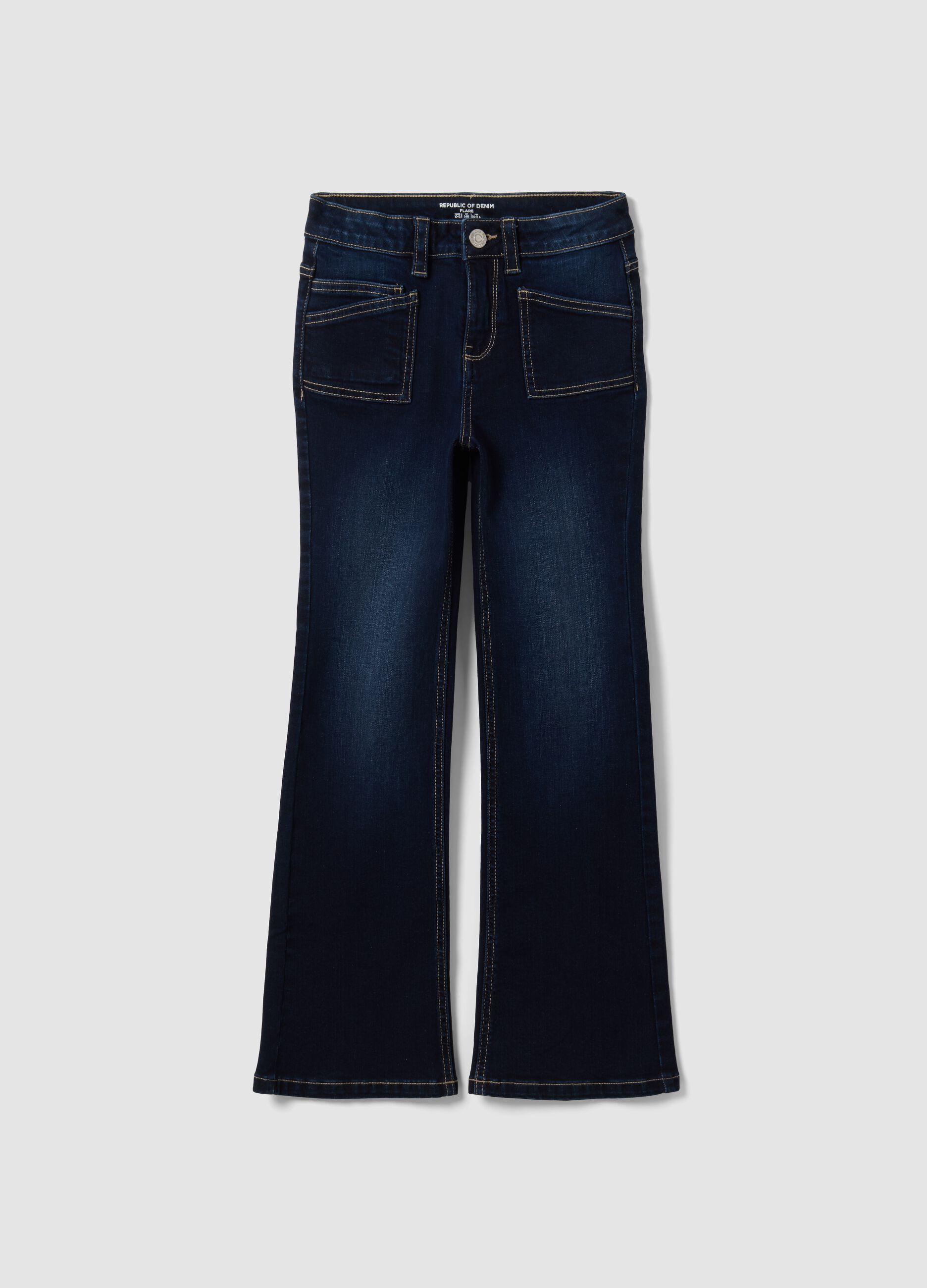 Girls&rsquo; blue flared stretch-cotton jeans