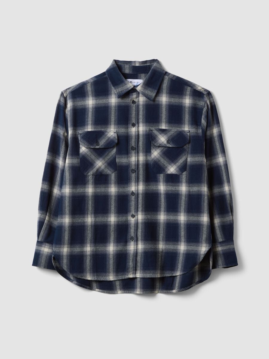 Camicia blu a quadri in flanella di puro cotone regular fit_0