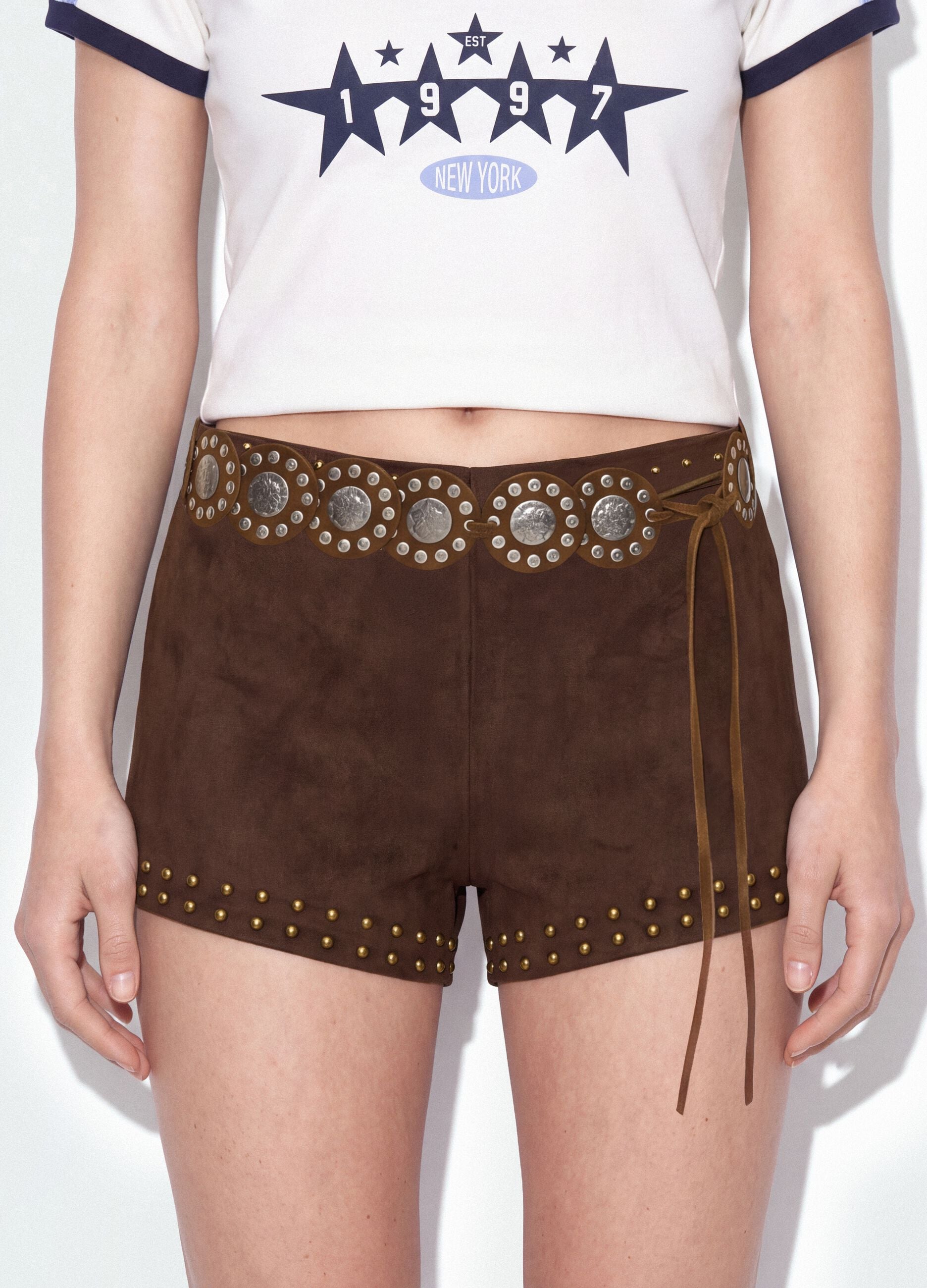 Brown stretch mini shorts with studs