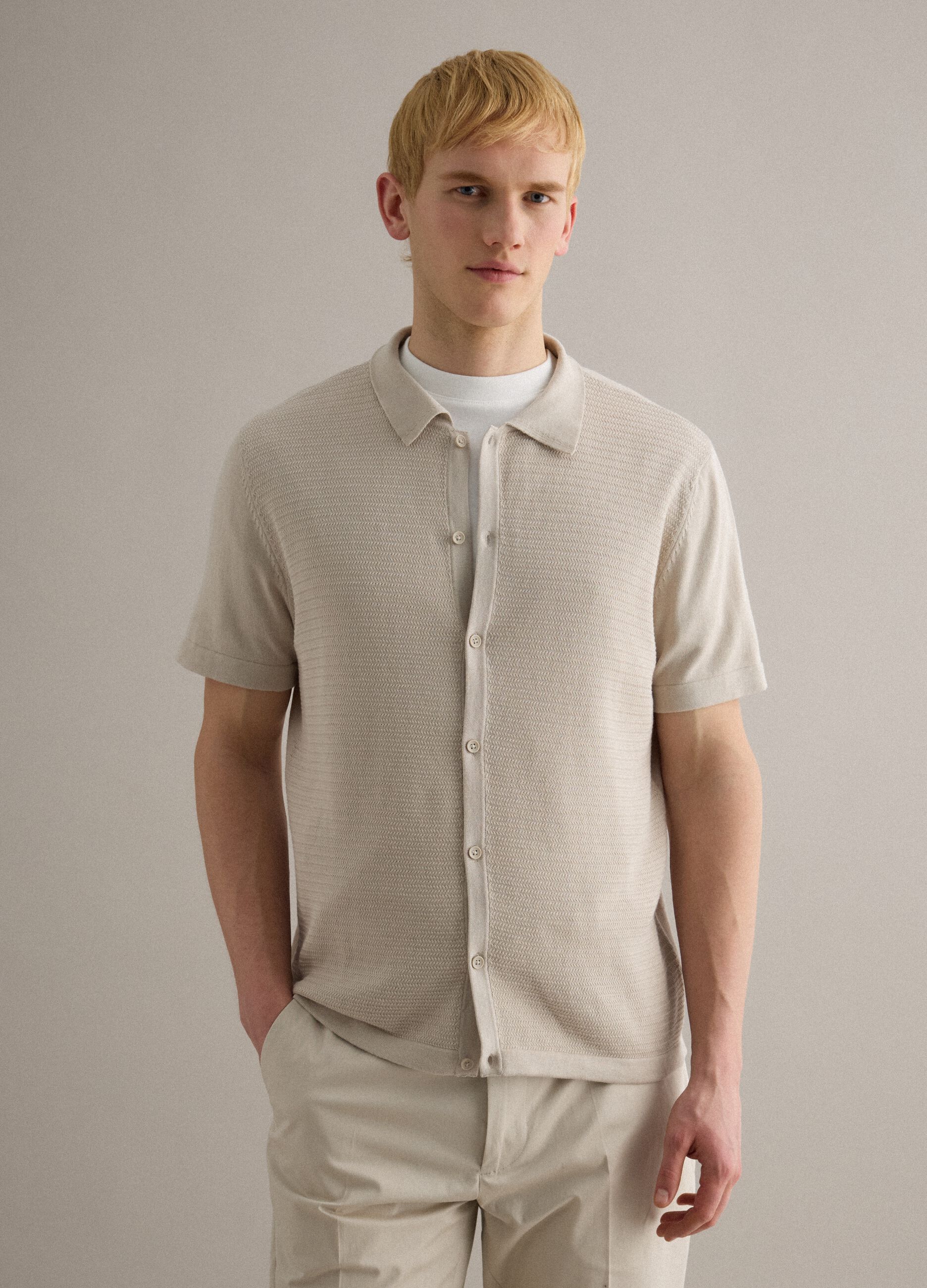 Beige pure cotton regular fit polo with buttons