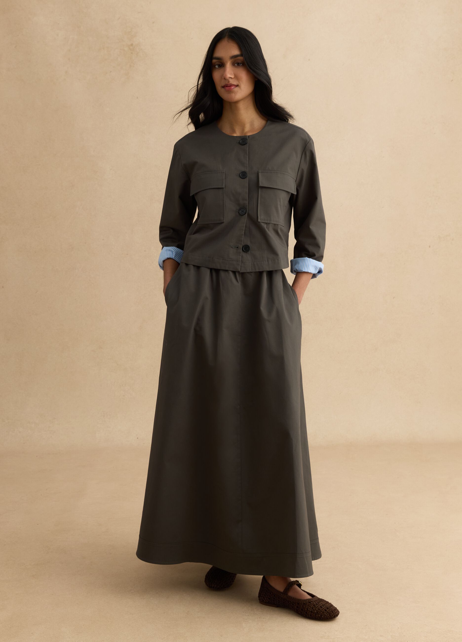 Grey long pure cotton skirt with elastic waistband