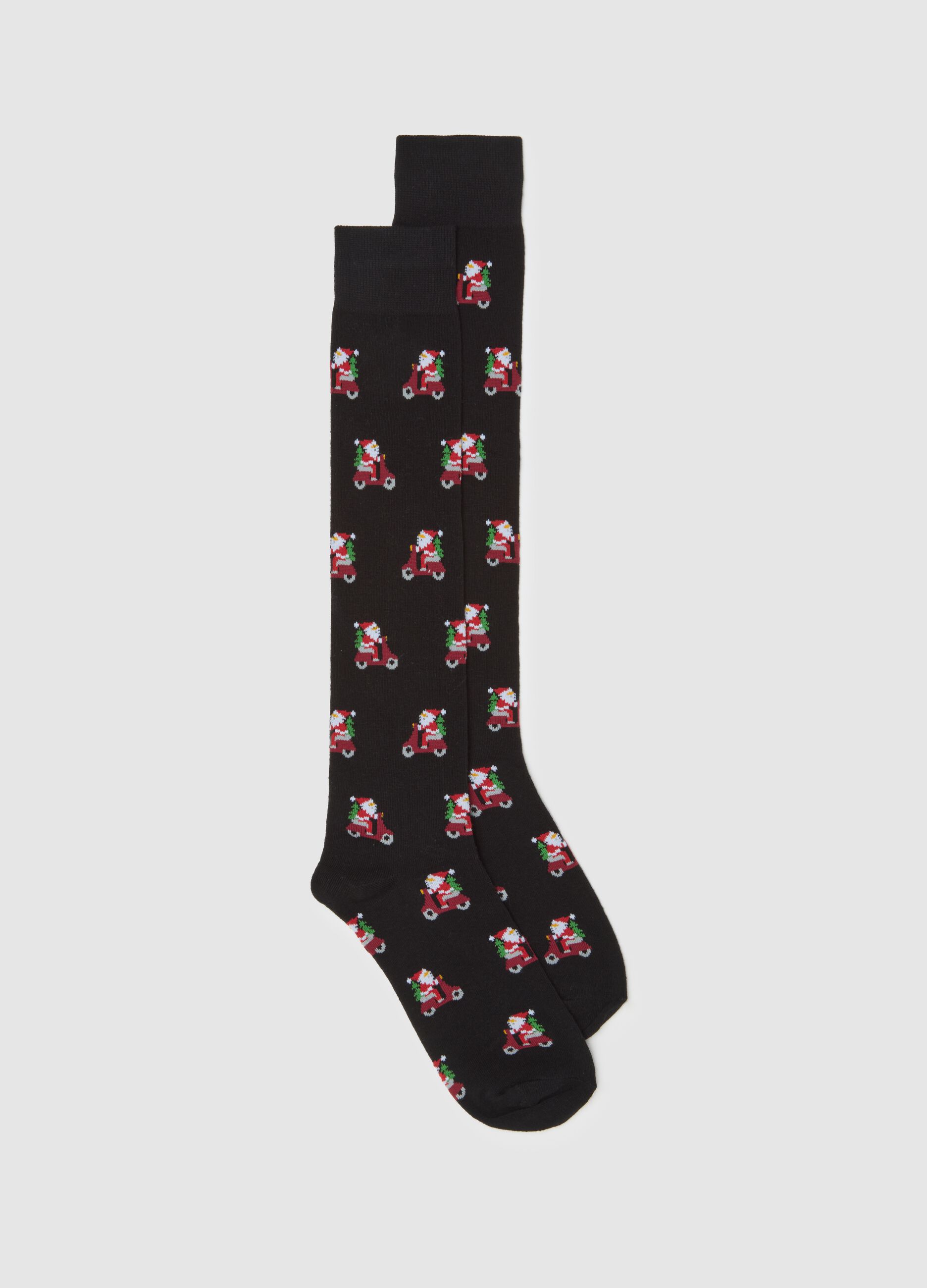 Black Cotton Blend Christmas Long Socks