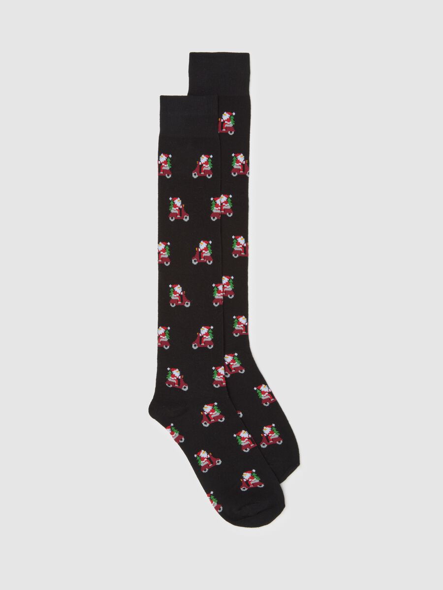 Black Cotton Blend Christmas Long Socks_0