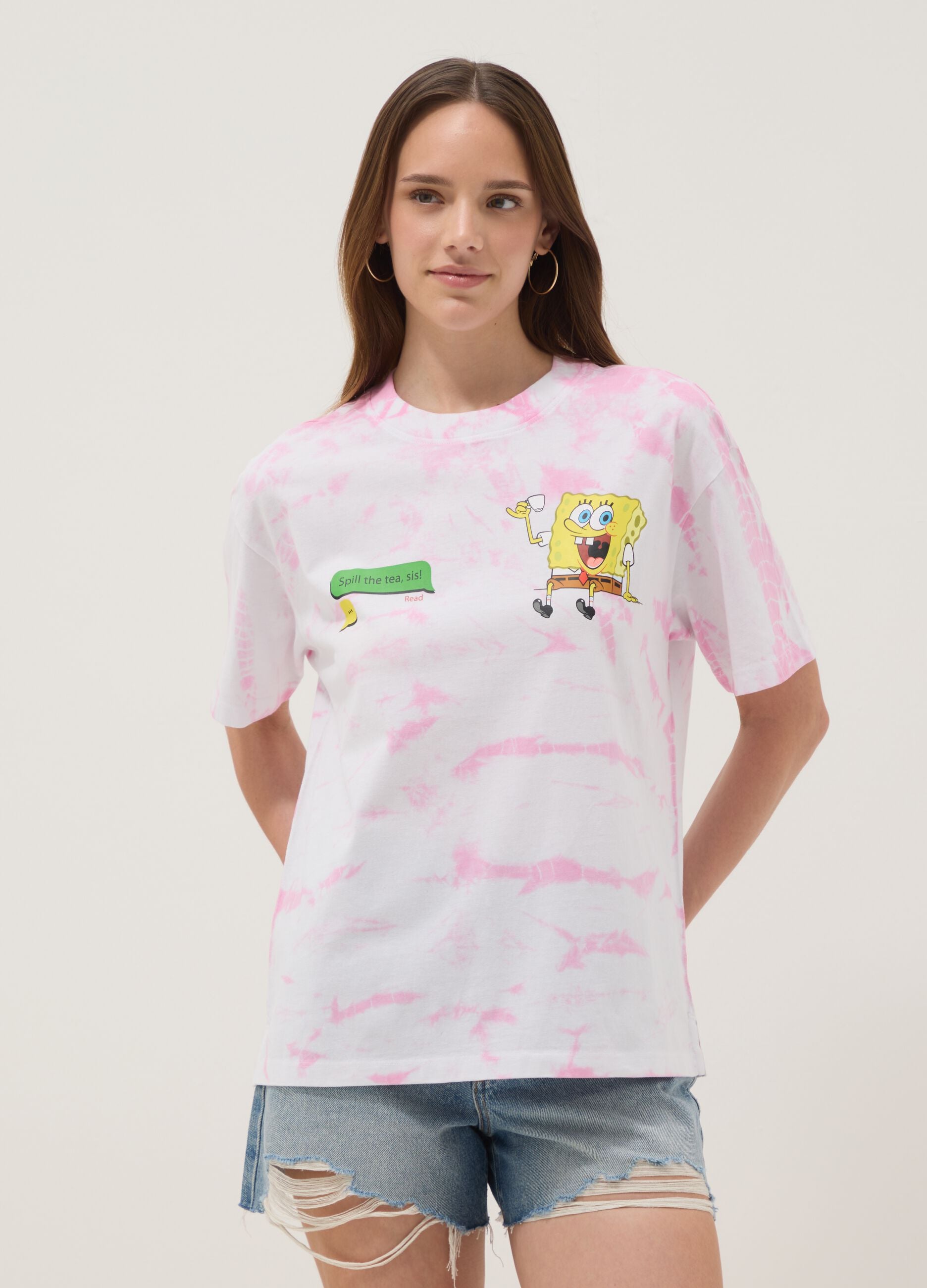 Multicoloured pure cotton T-shirt with regular fit and SpongeBob print
