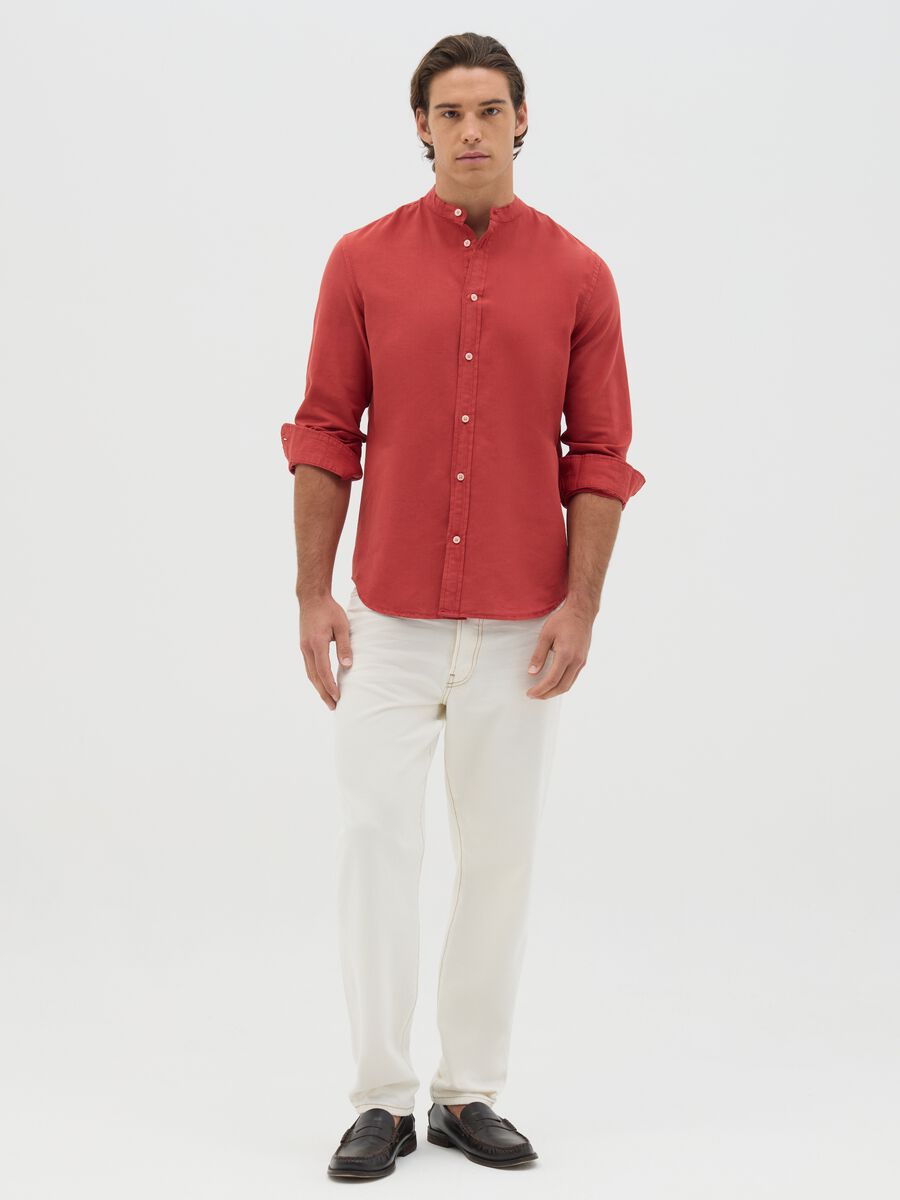 Red Cotton and Linen Korean Collar Shirt_1
