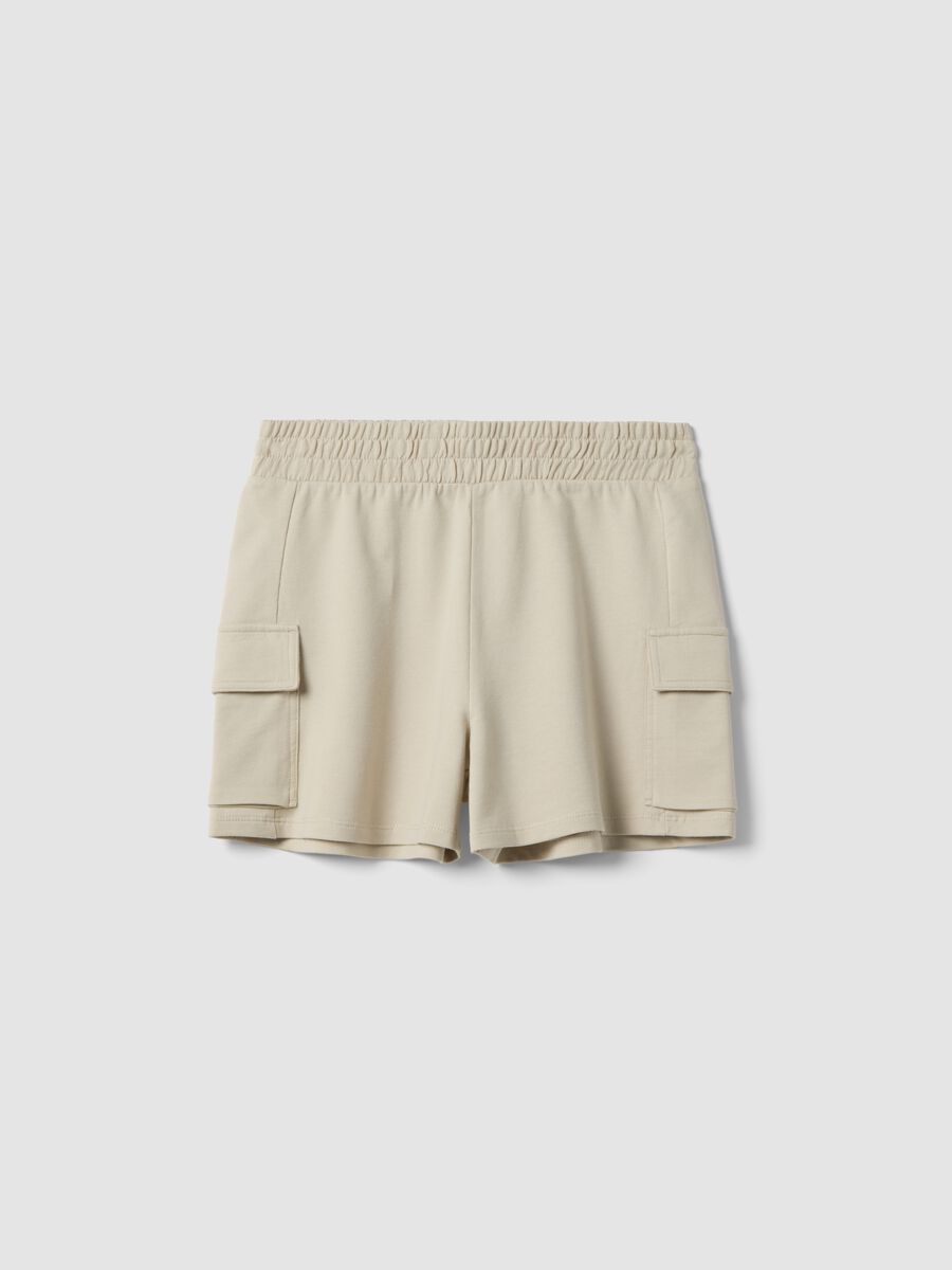 Girls' beige cotton-blend cargo shorts with relaxed fit_0