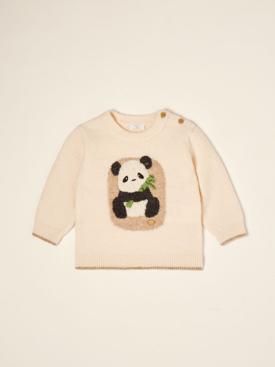 Beige stretch wool jumper with panda print_0