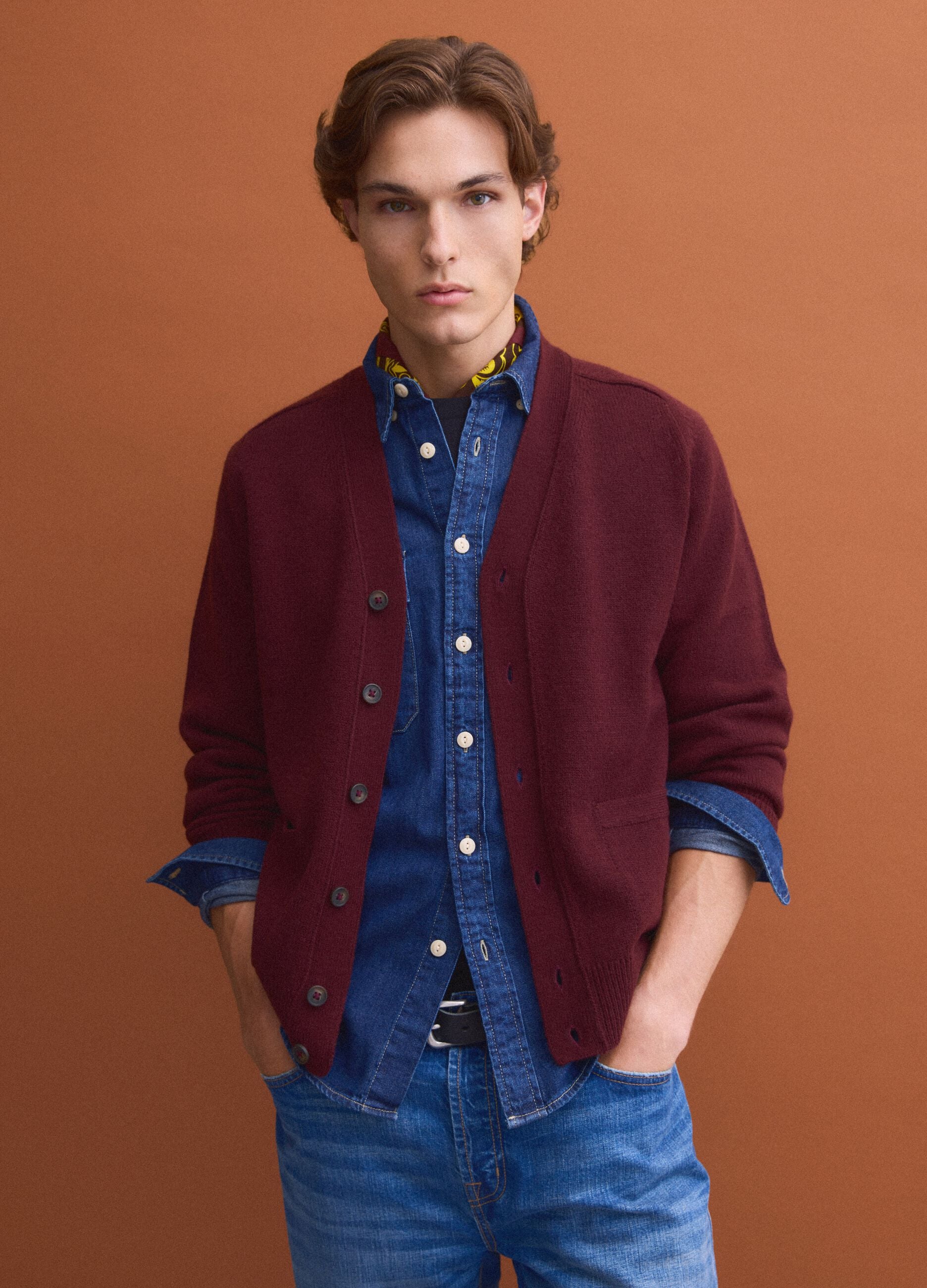 Red wool-blend cardigan with deep V-neck