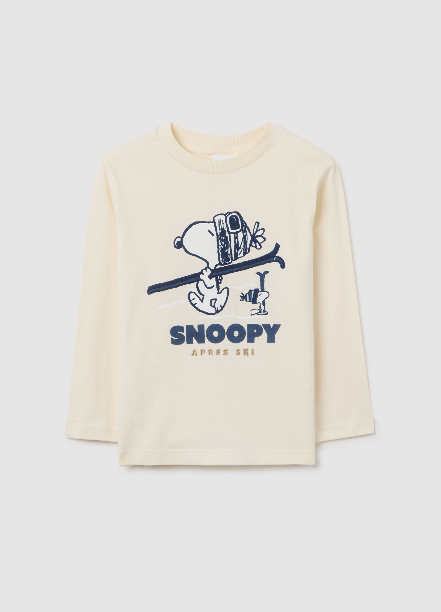 Kids' beige pure cotton regular fit T-shirt with Snoopy print