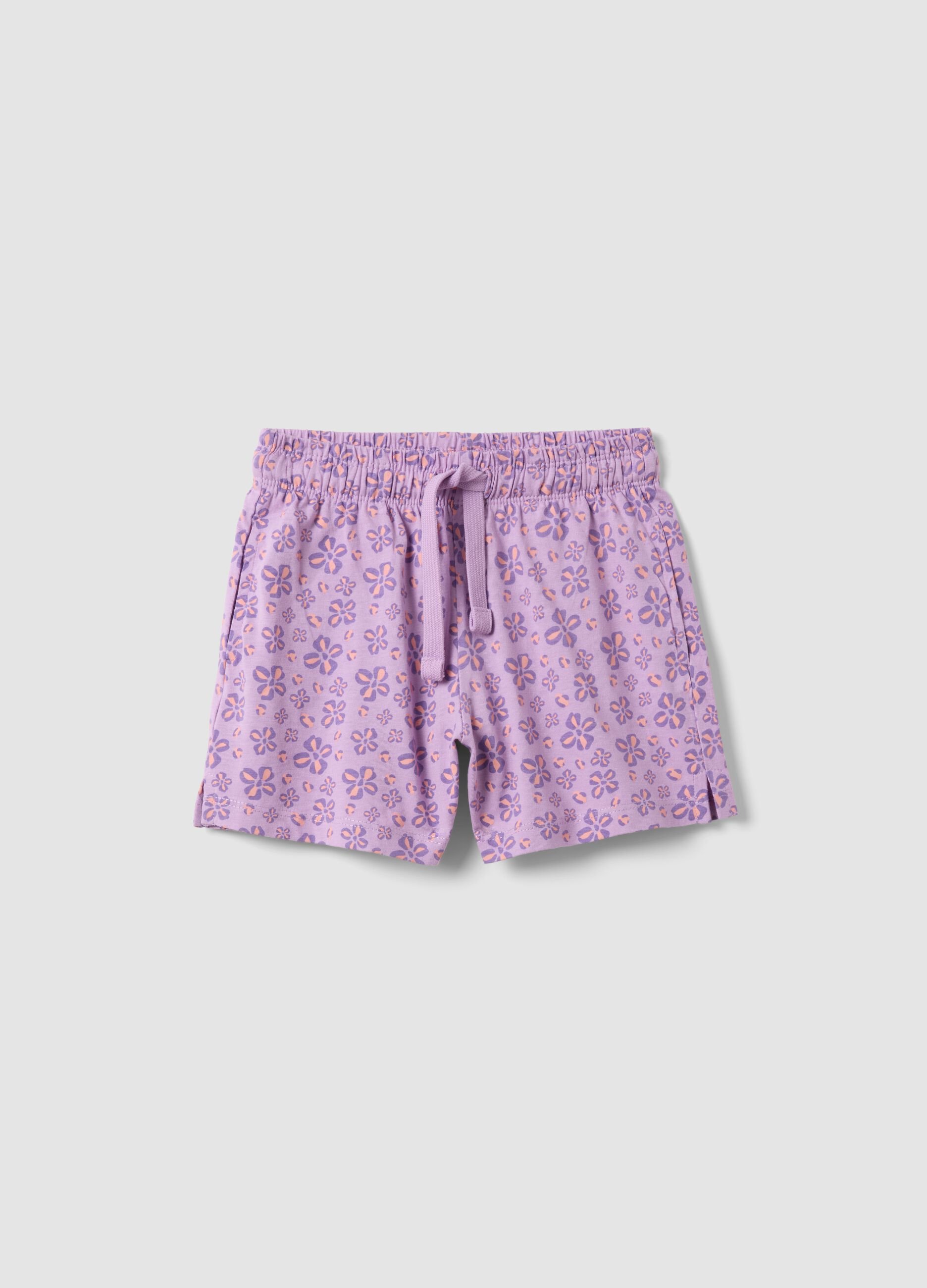 Purple pure cotton shorts with floral print