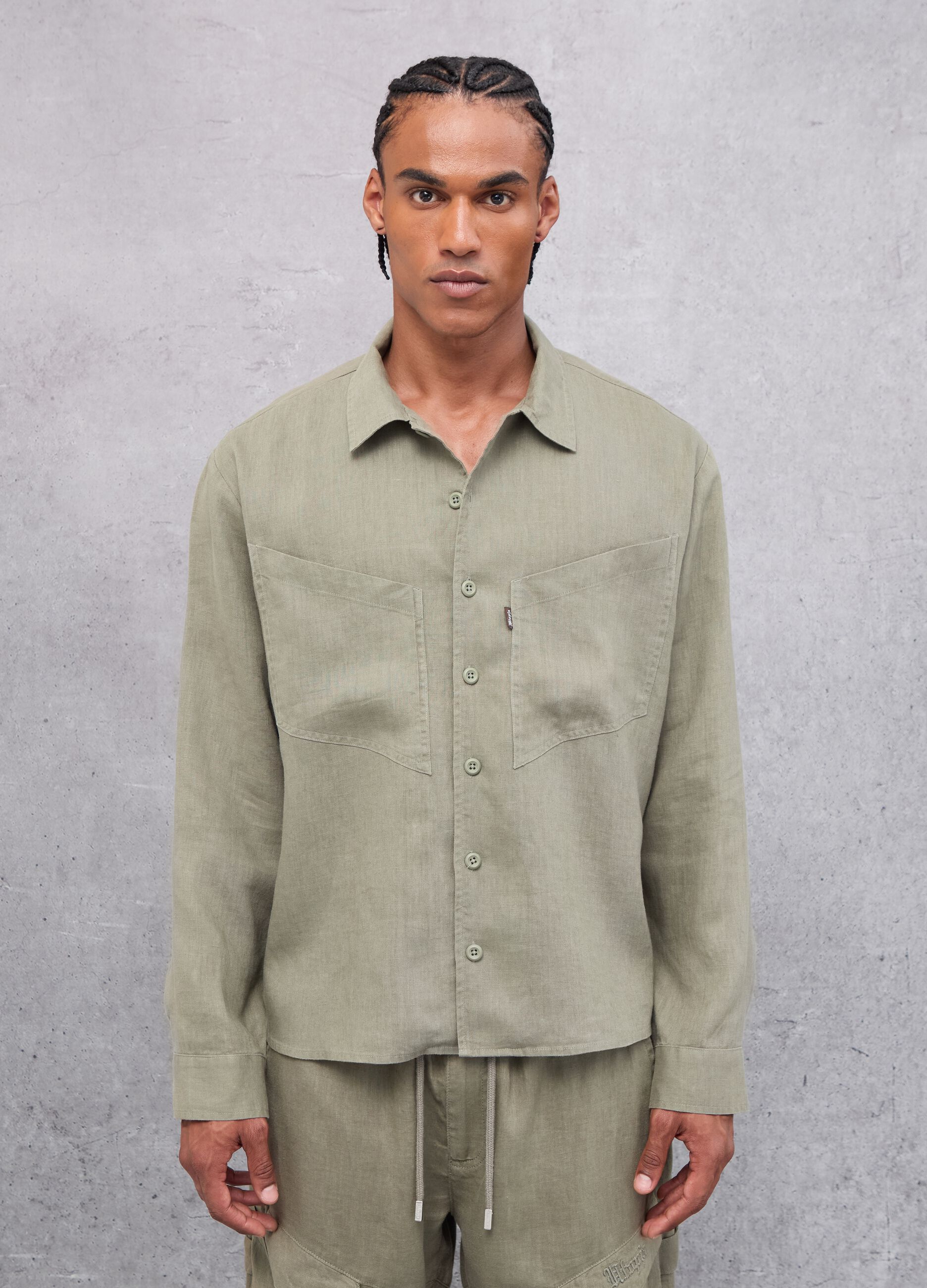 100% Linen Cargo Shirt Military Green 