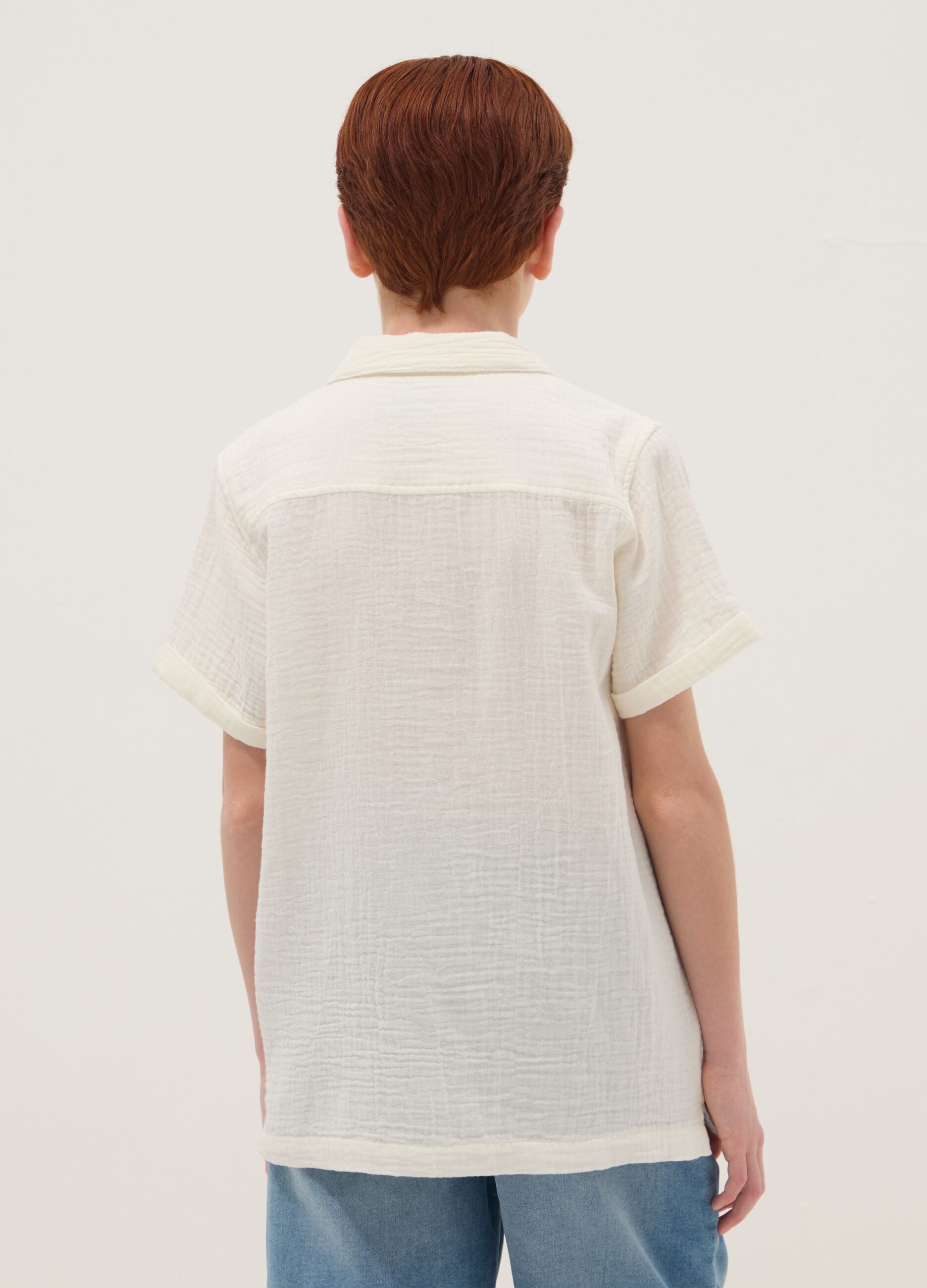 Boys&rsquo; white pure cotton shirt with crinkled texture