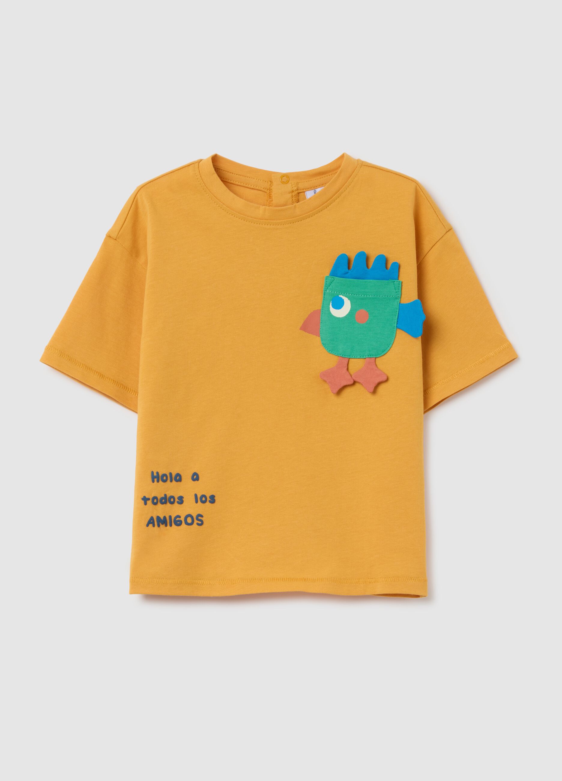 T-shirt da neonato in puro cotone gialla regular fit con applicazione