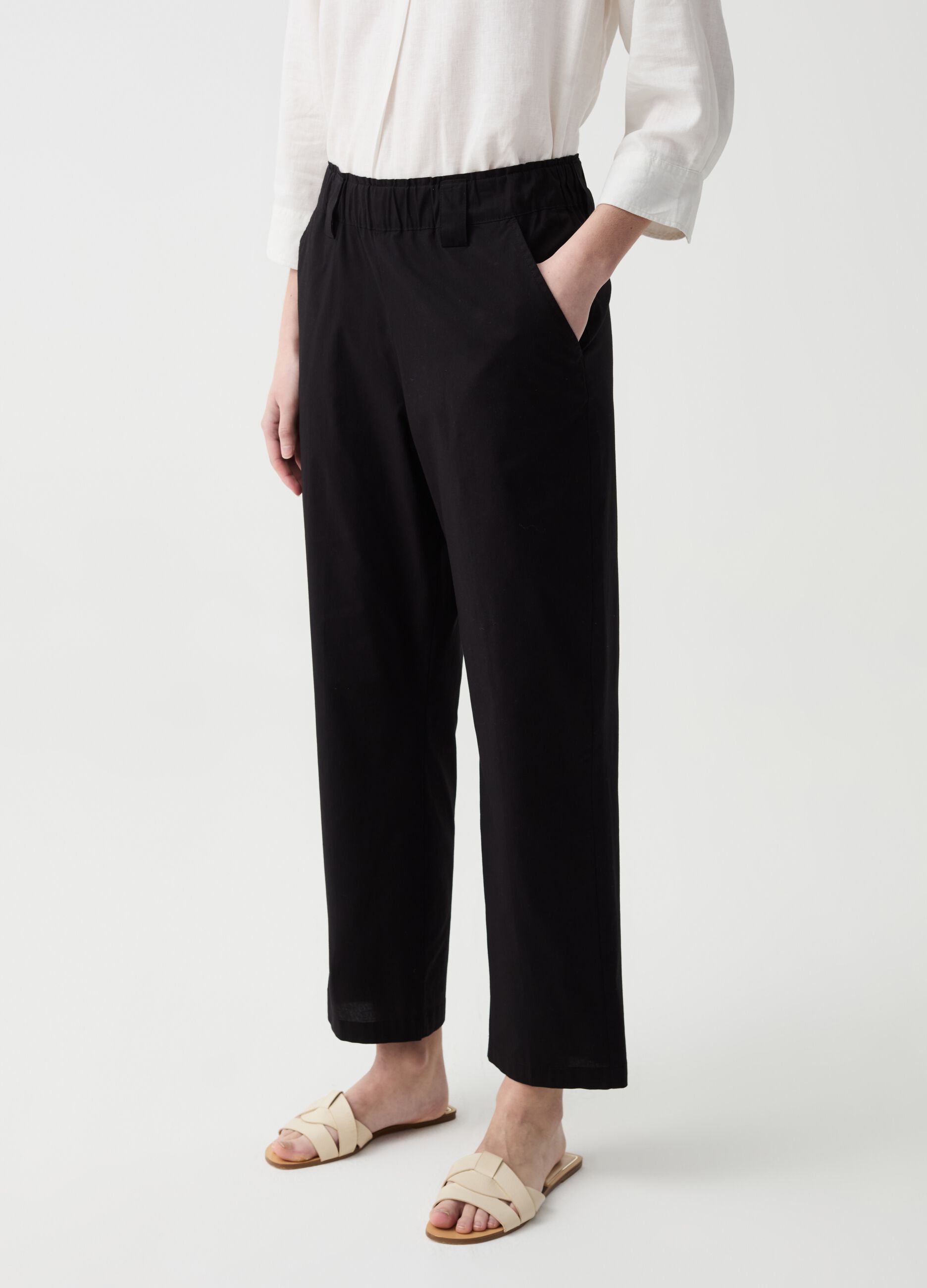 Pantalone crop wide leg in cotone stretch