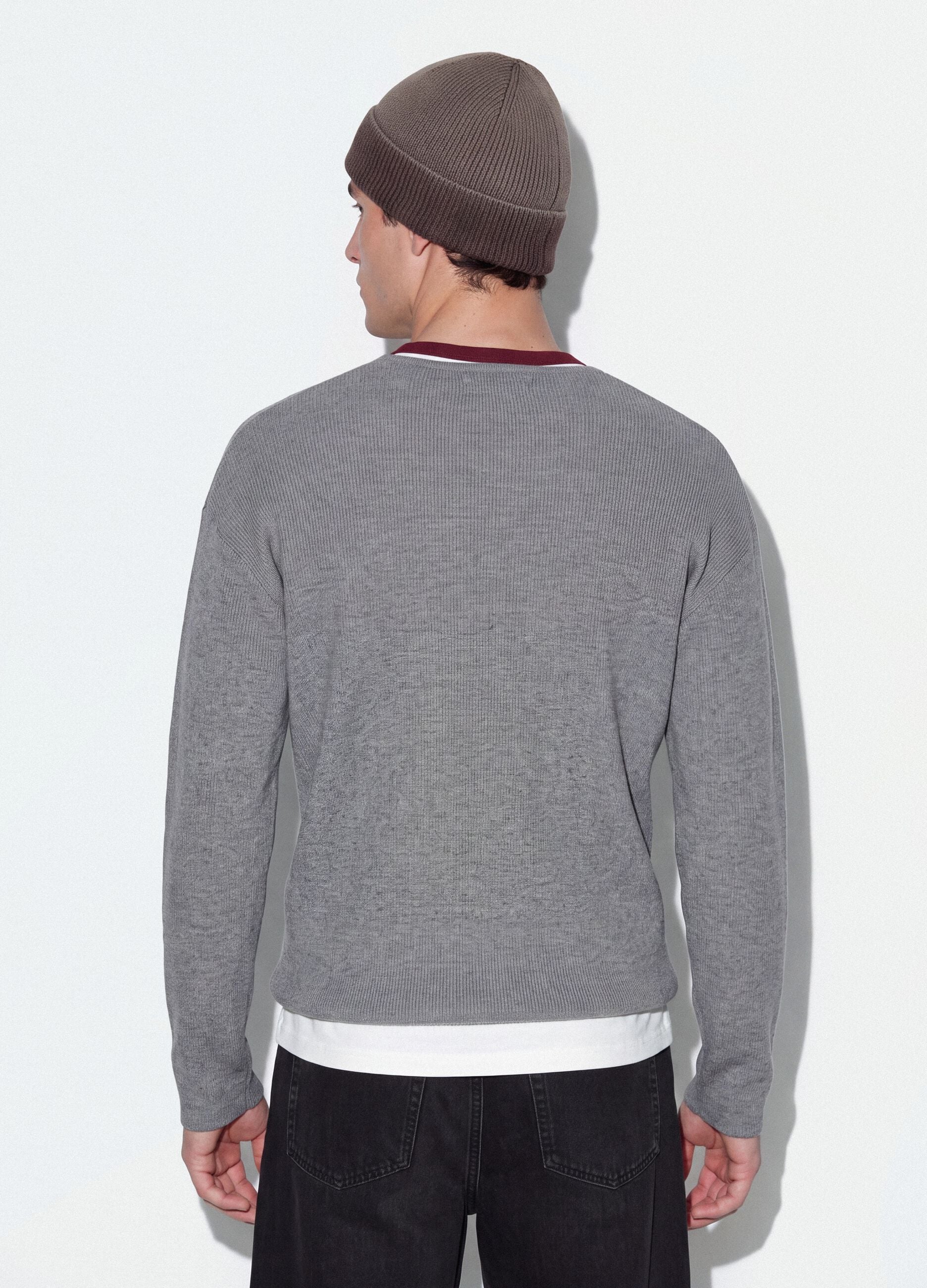 Grey cotton-blend Henley neck top, regular fit