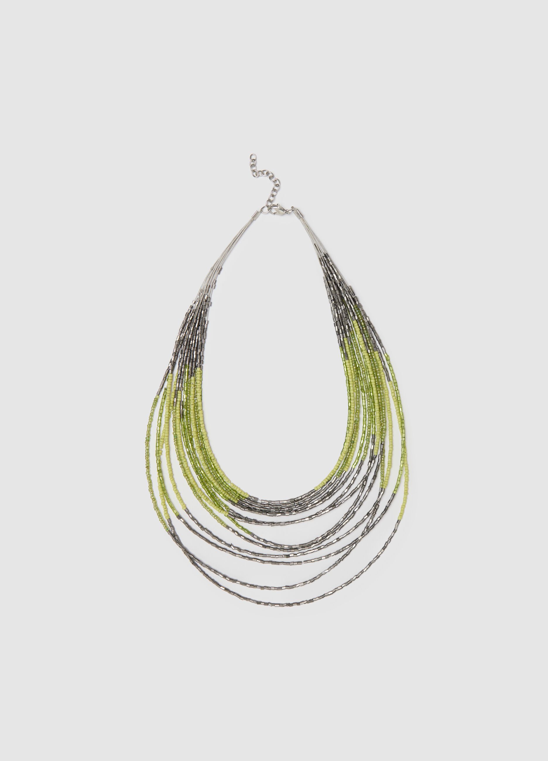 Grey and green multi-string necklace with beads