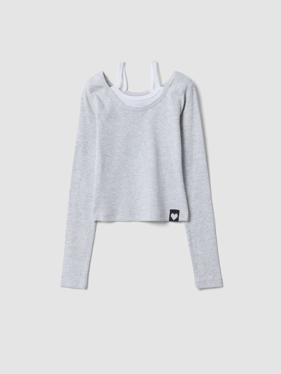 T-shirt grigia in cotone elasticizzato con spalline slim fit_0