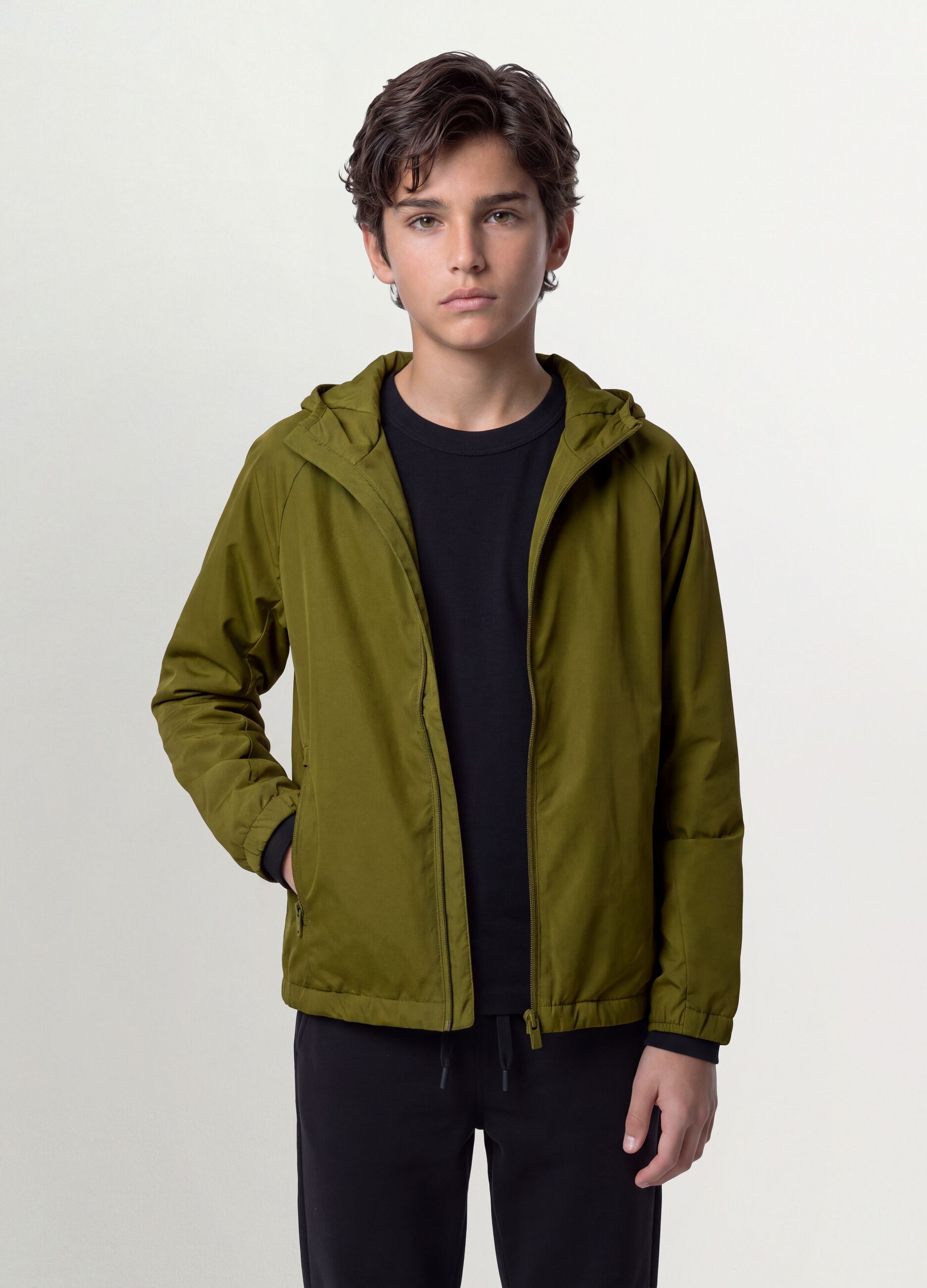 Green hooded rain jacket with zip for boys