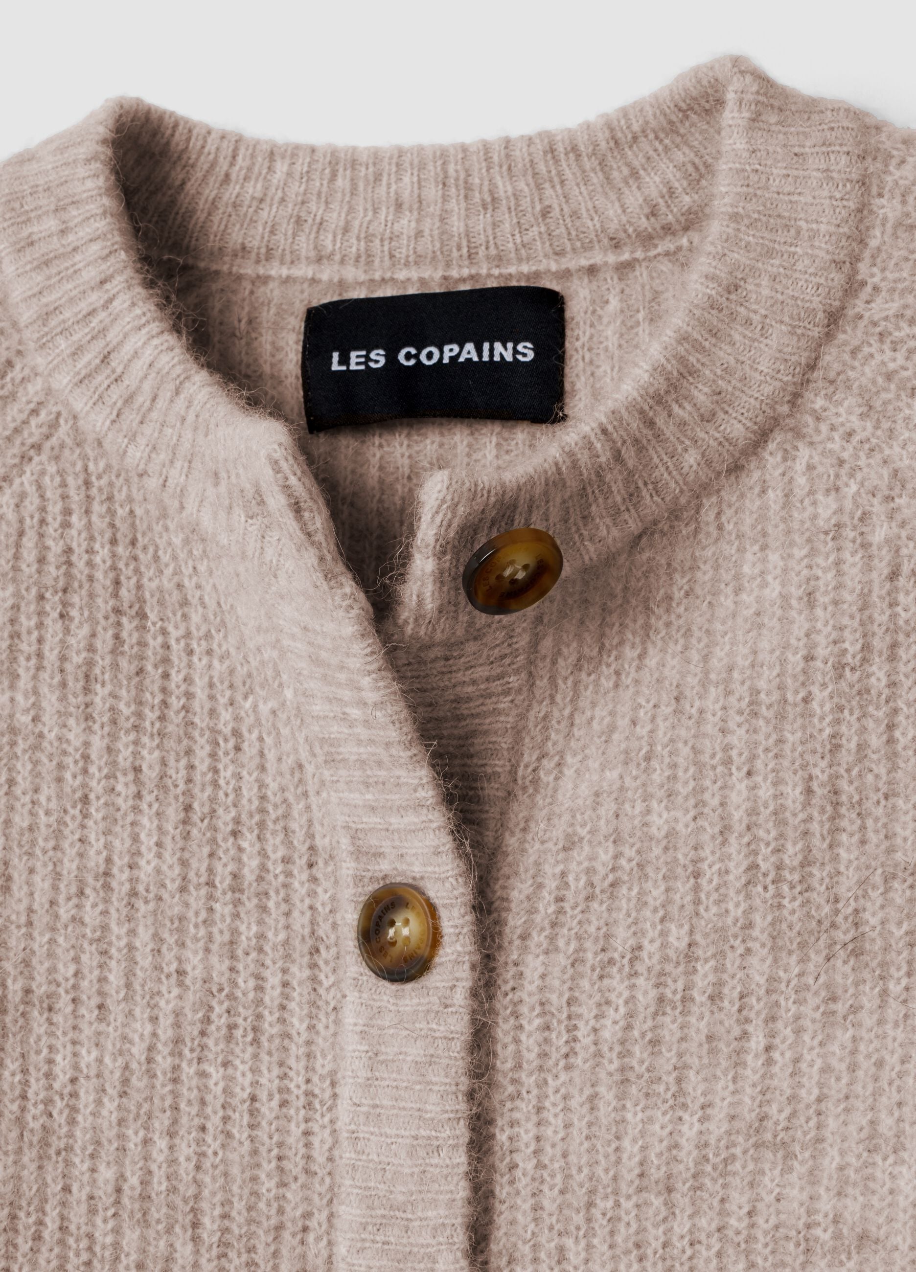 Beige crew-neck cardigan in stretchy wool and alpaca, regular fit