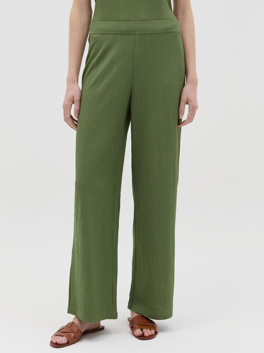 Wide-leg green trousers with waffle weave_1
